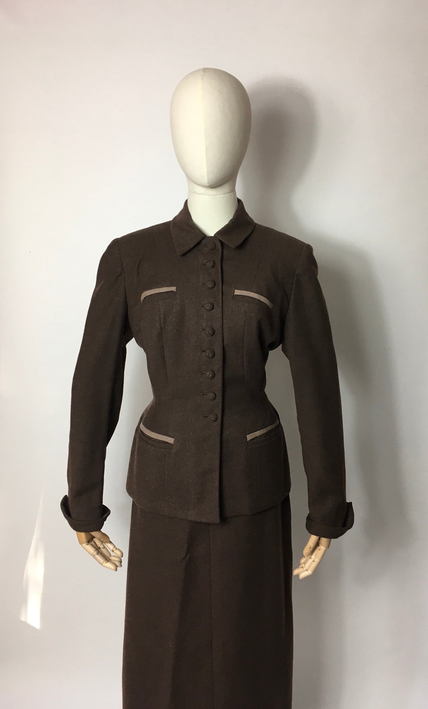 Original 1940’s 2pc Suit in A Lovely Brown Wool, Stunning Detailing and Seamwork