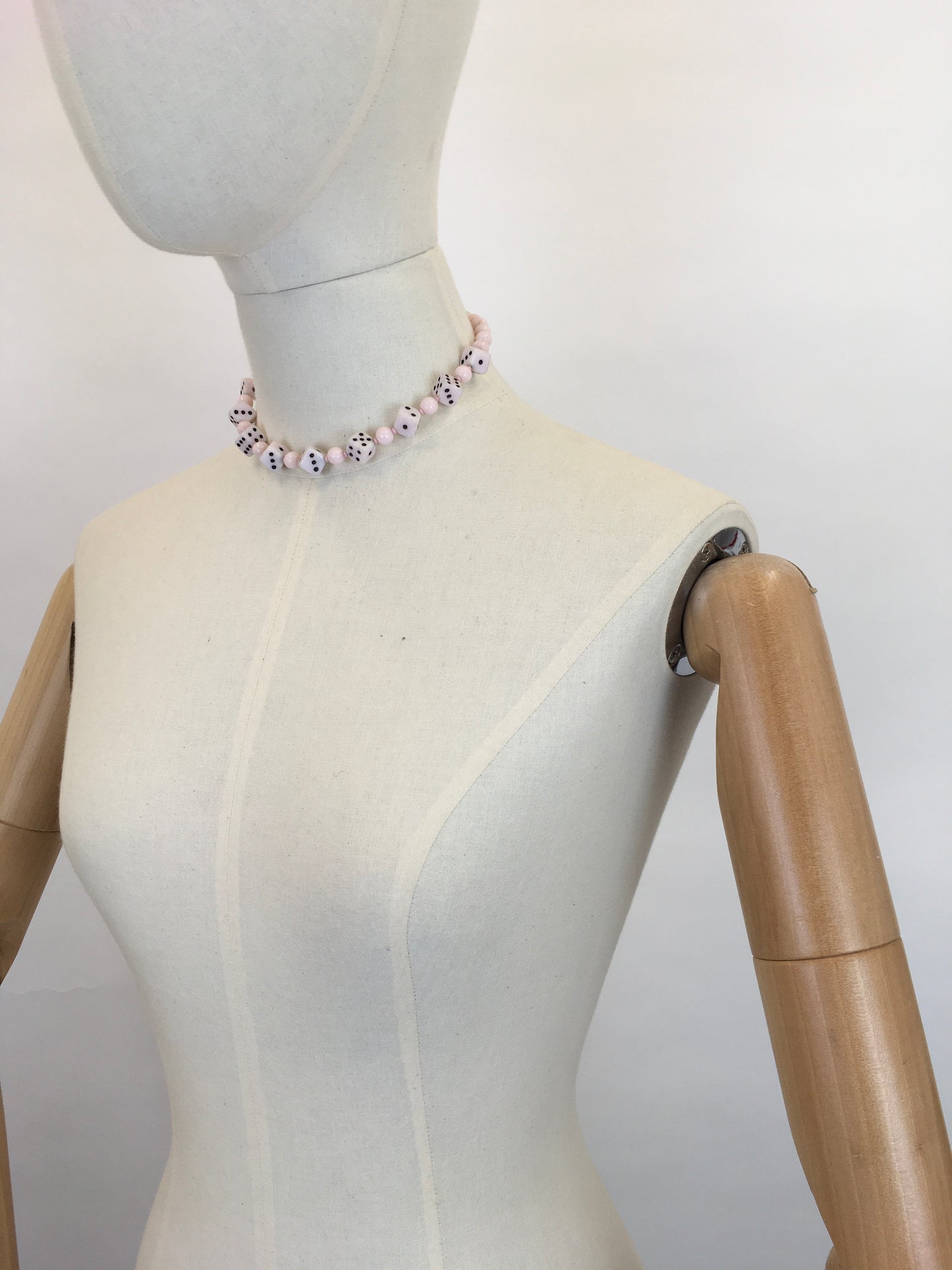 Original 1950s Pale Pink Novelty Dice Necklace - Made From Milk Bottle Glass