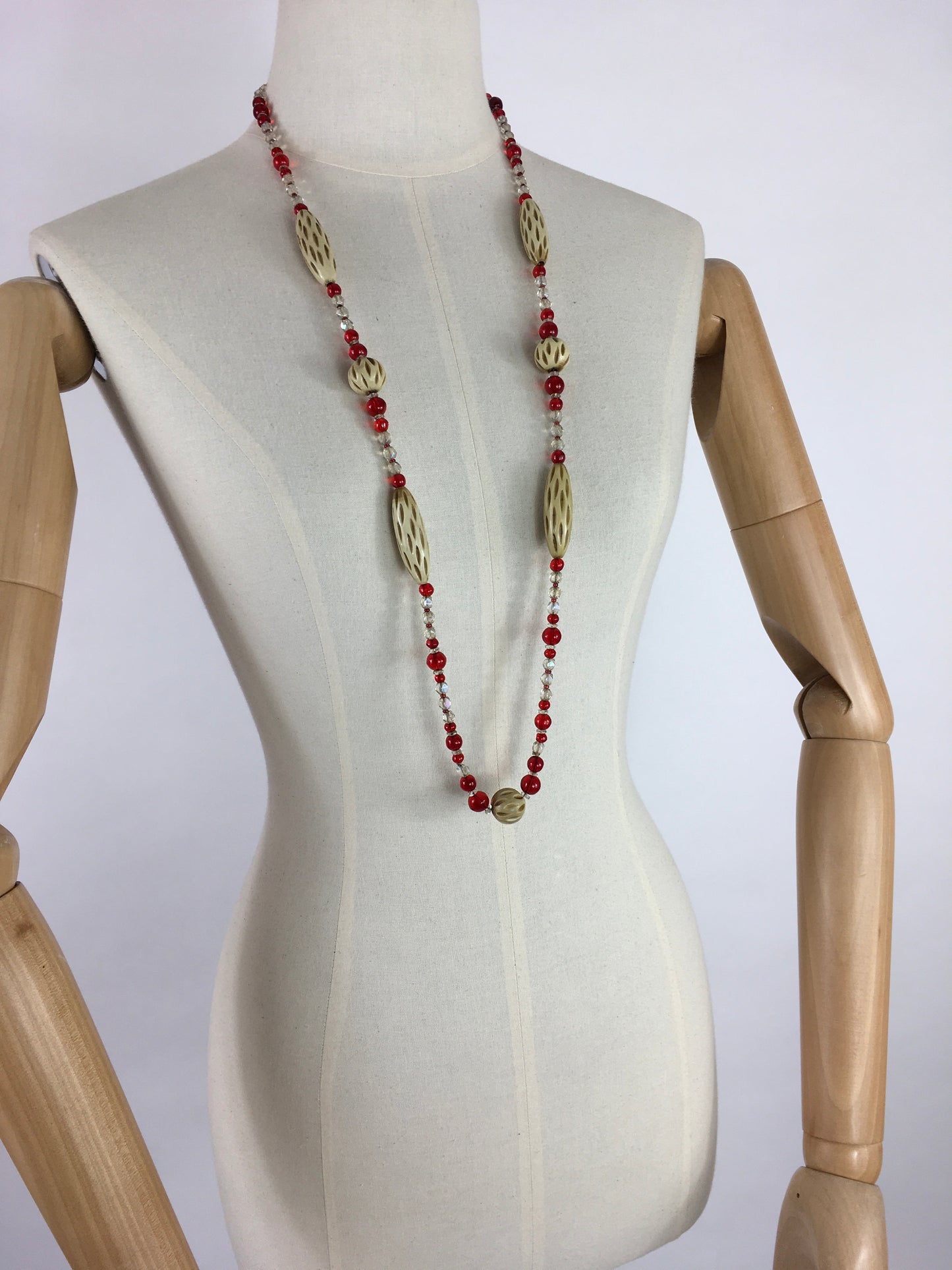 Original 1930s Long Line Necklace - In a Contrast Glass Bead and Celluloid in Reds, Clear and Soft Cream