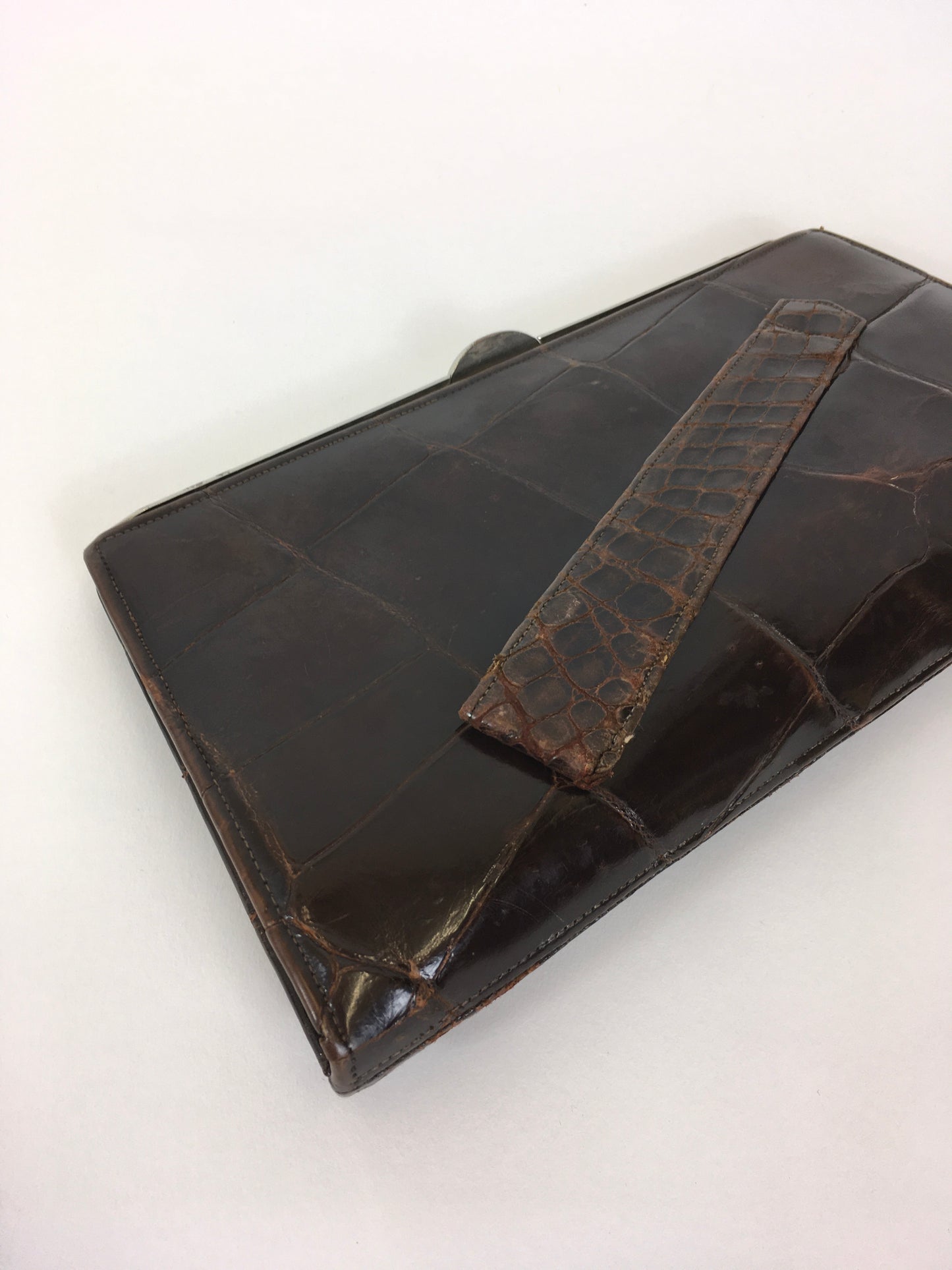 Original 1930’s Deco Crocodile Clutch Handbag - In A Warm Brown with Chrome Detailing