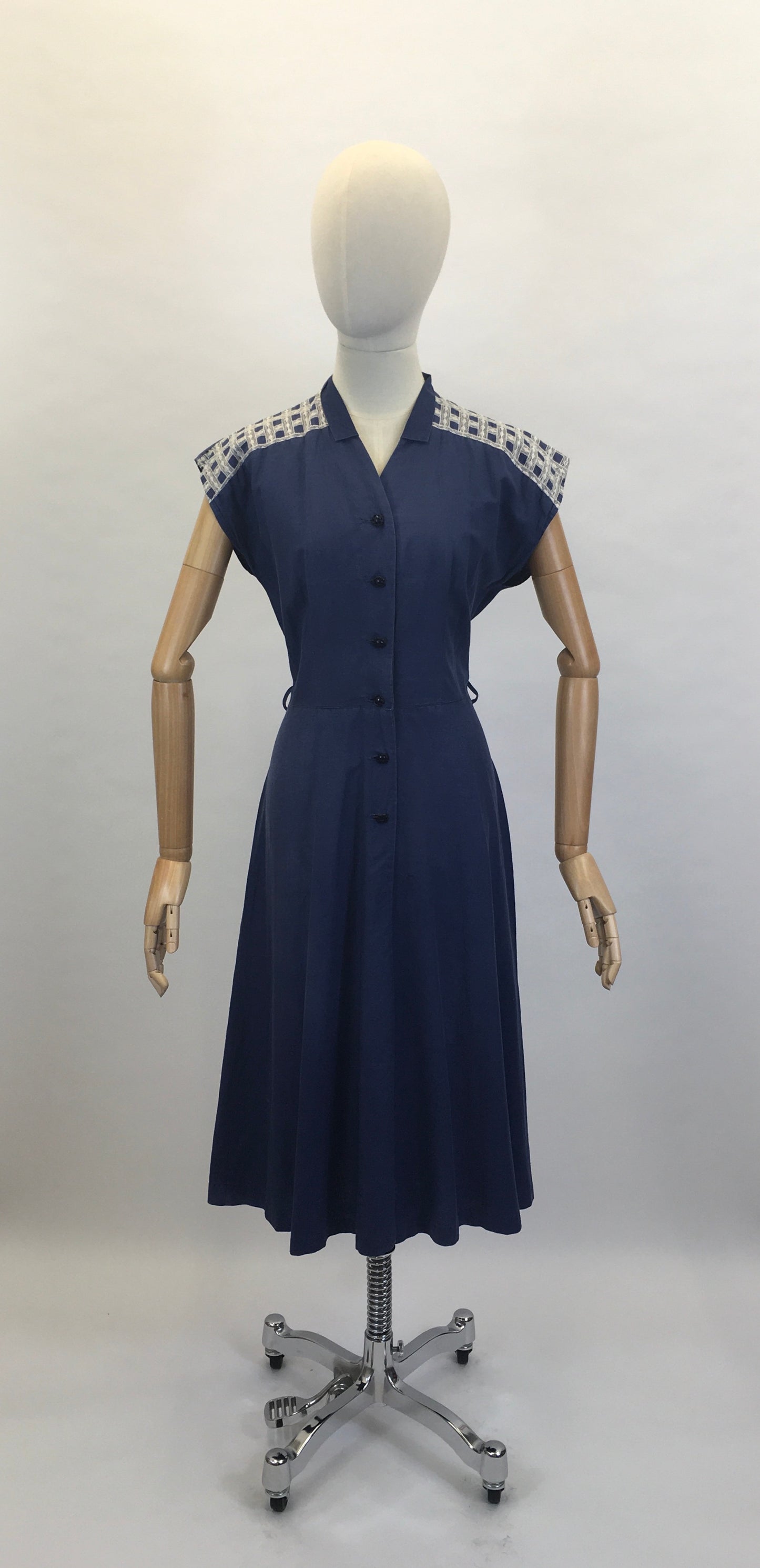 Original Early 1950’s Navy Cotton Dress - With Embroidered Detailing To The Shoulders