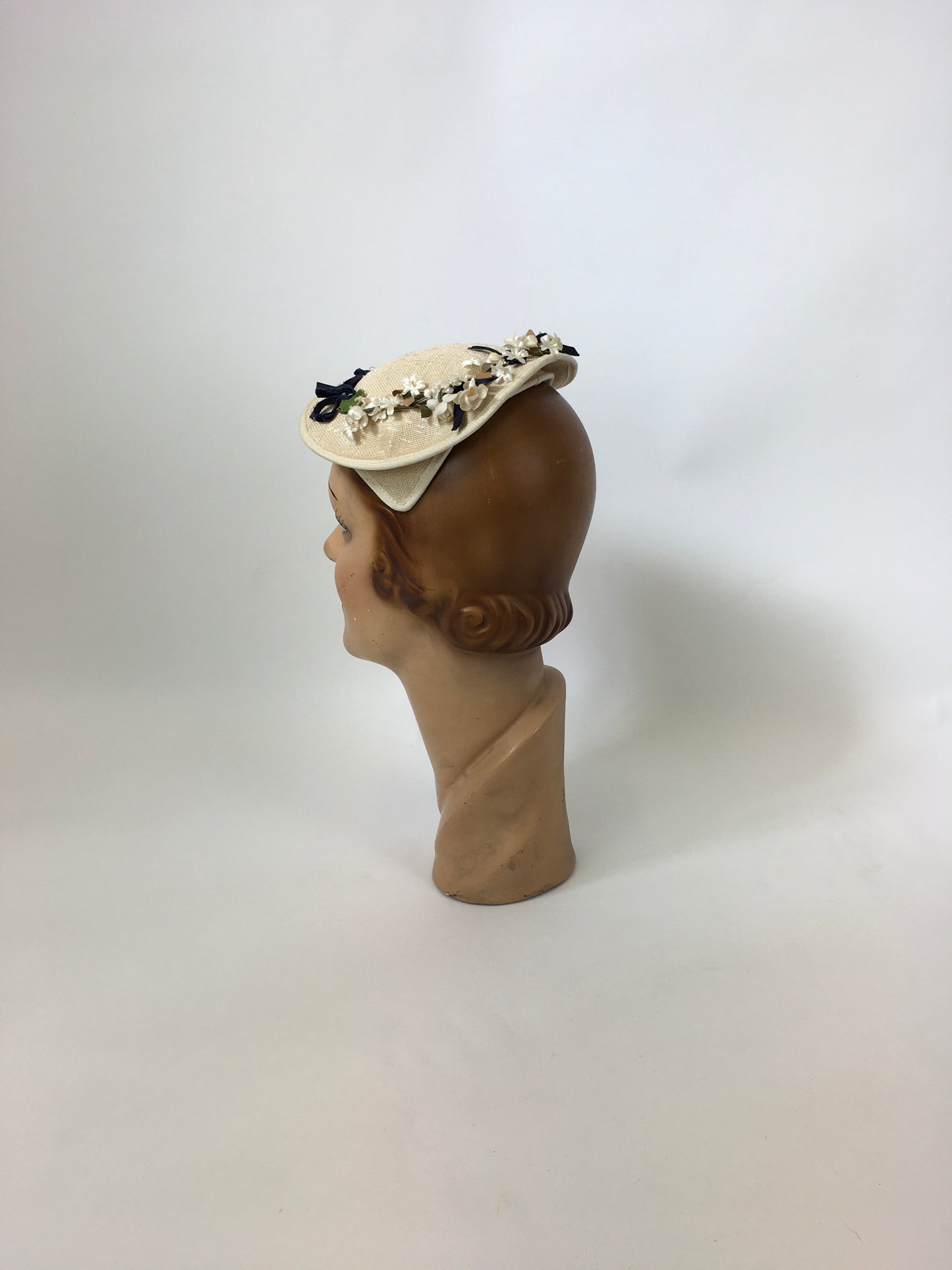 Original 1950’s Darling Natural Straw Headpiece - With Millinery Flora and Navy Velvet Bows