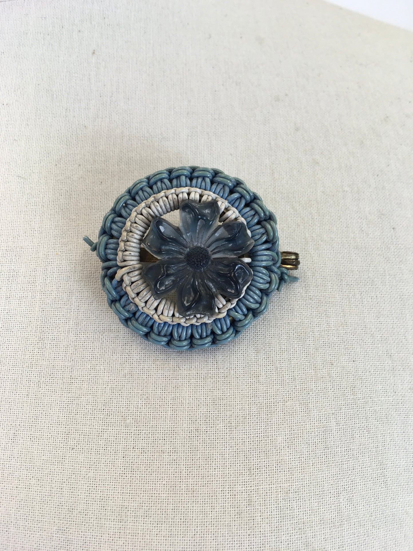 Original 1940's Wartime Make Do and Mend Telephone Wire Brooch - In Blue & White