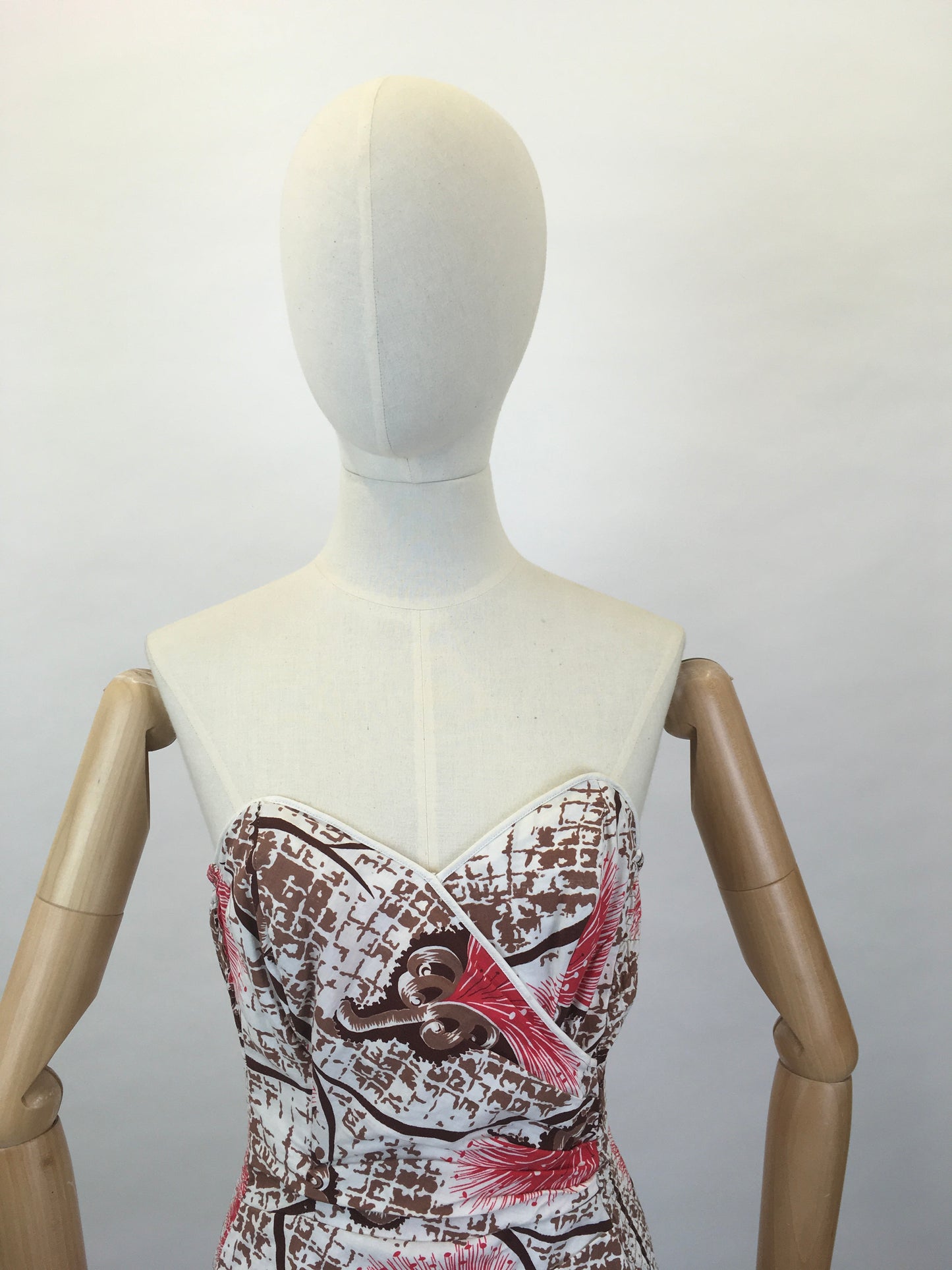 Original Late 1940s early 1950’s Bathing Costume - In a Fabulous Brown and Bright Coral Cotton