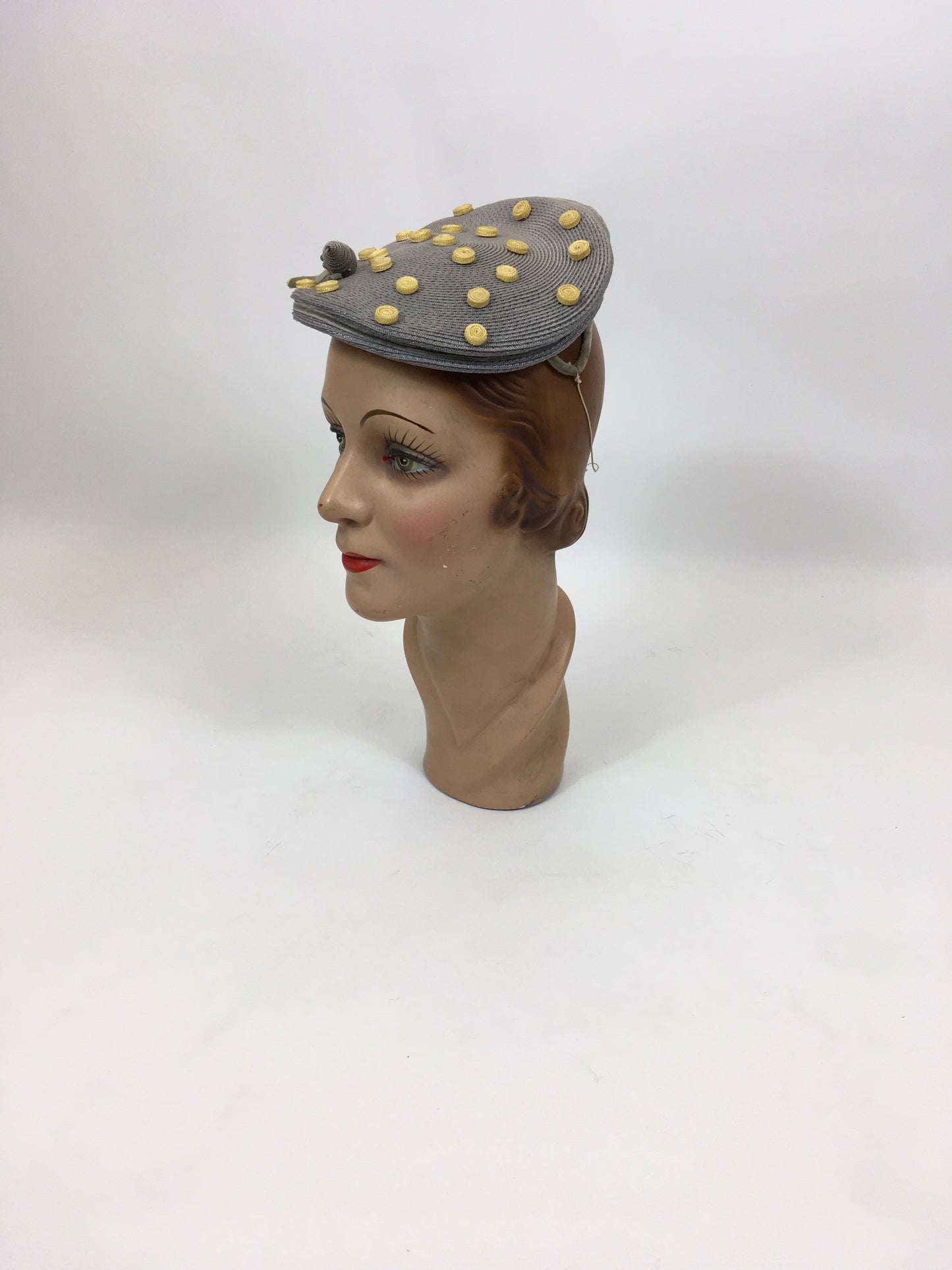 Original Late 1940's Stunning Headpiece - In Powder Grey & Primrose Yellow Polka Dots