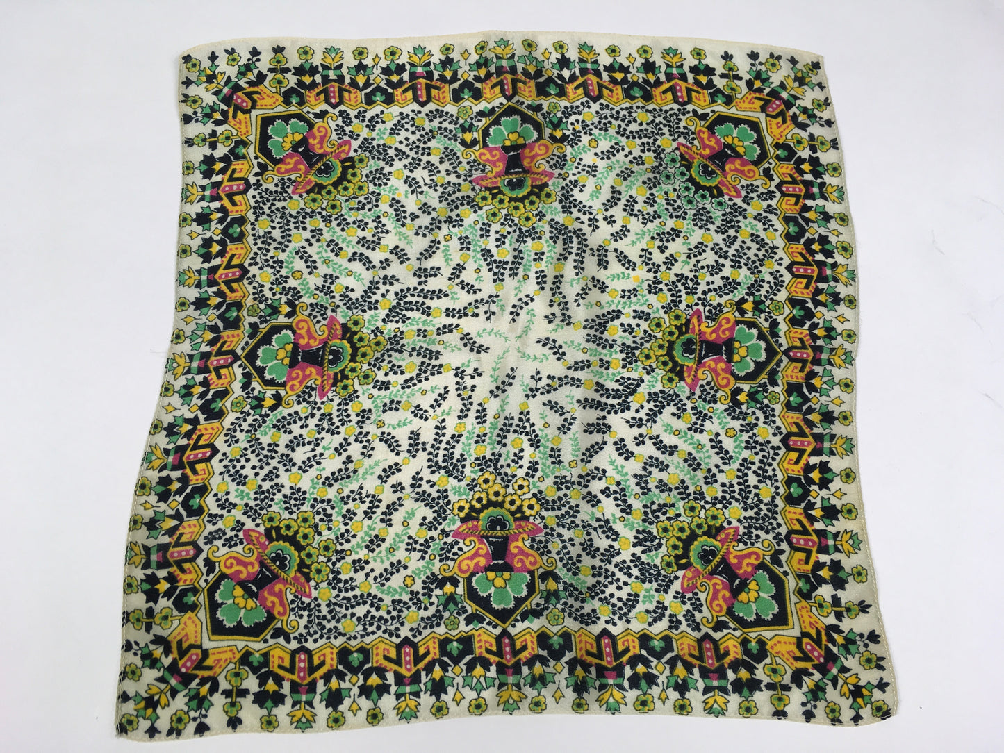 Original 1940’s / 1950’s Silk Hankie - In Lovely Bright Greens, Yellows, Black & Pink