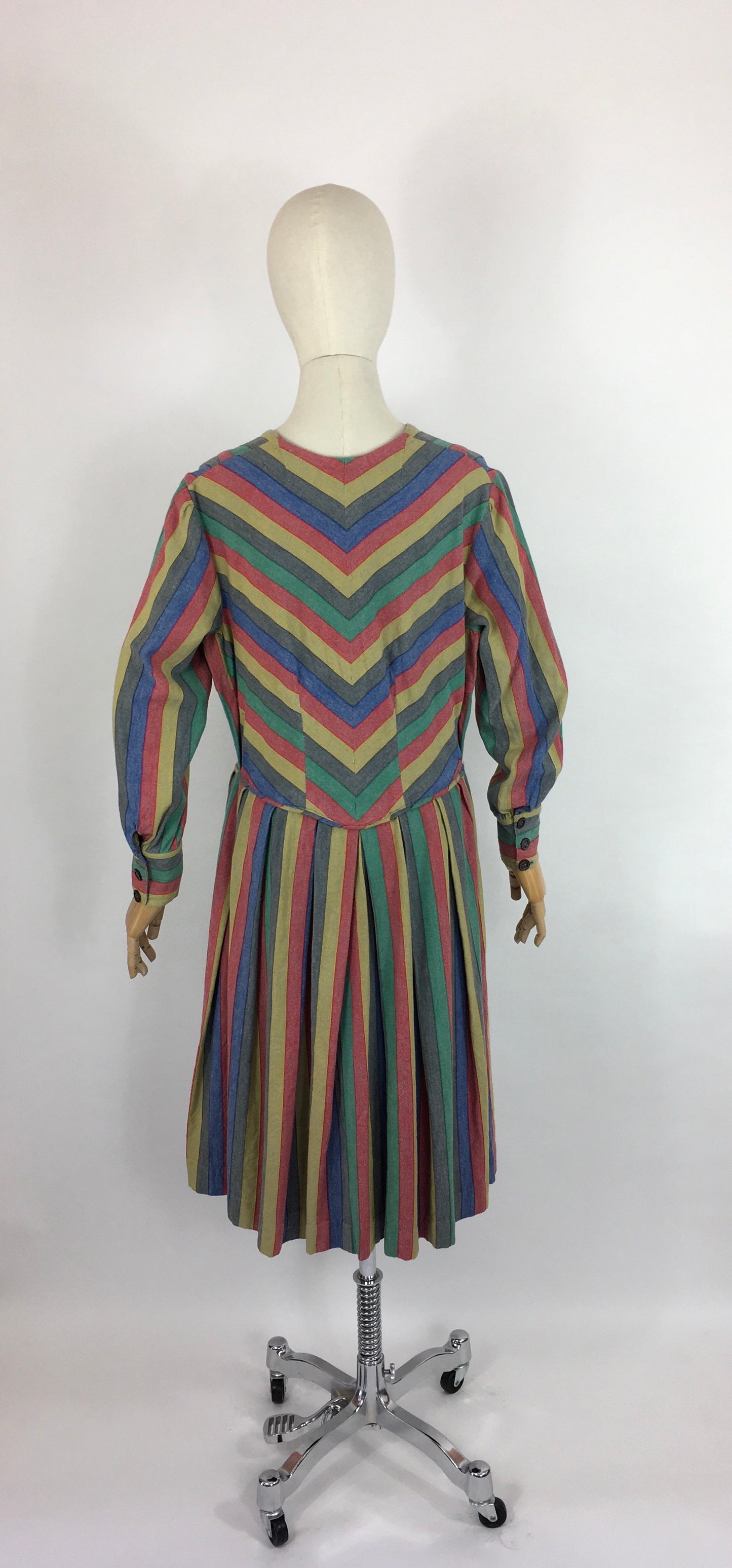 Original Late 1930s Day Dress - In a Fabulous Heavyweight Linen in a Rainbow Stripe with Contrast Chevron Pattern
