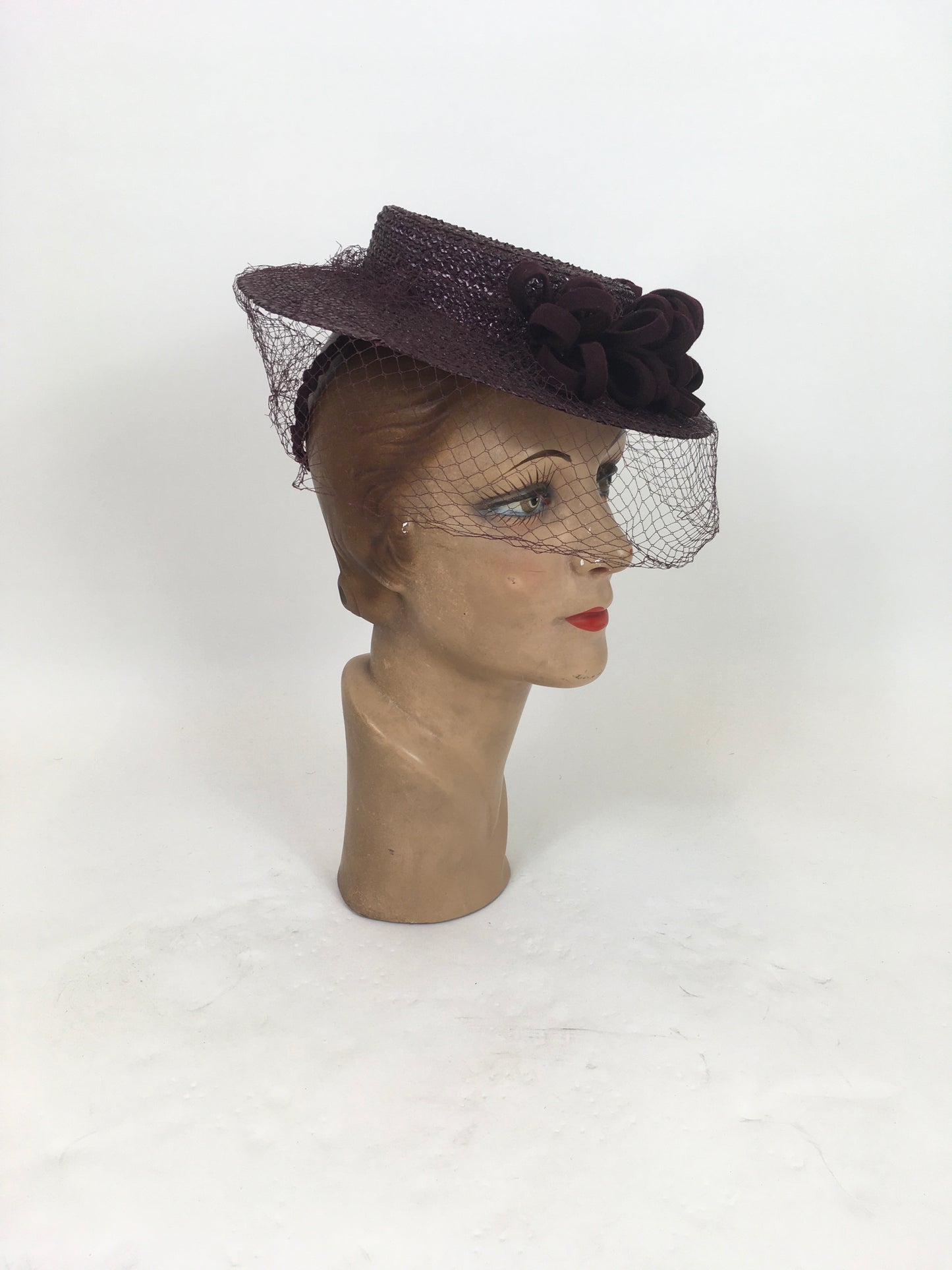 Original 1940's Darling Raffia Tilt Hat with Felt Adornment & Veiling - In Winter Berry