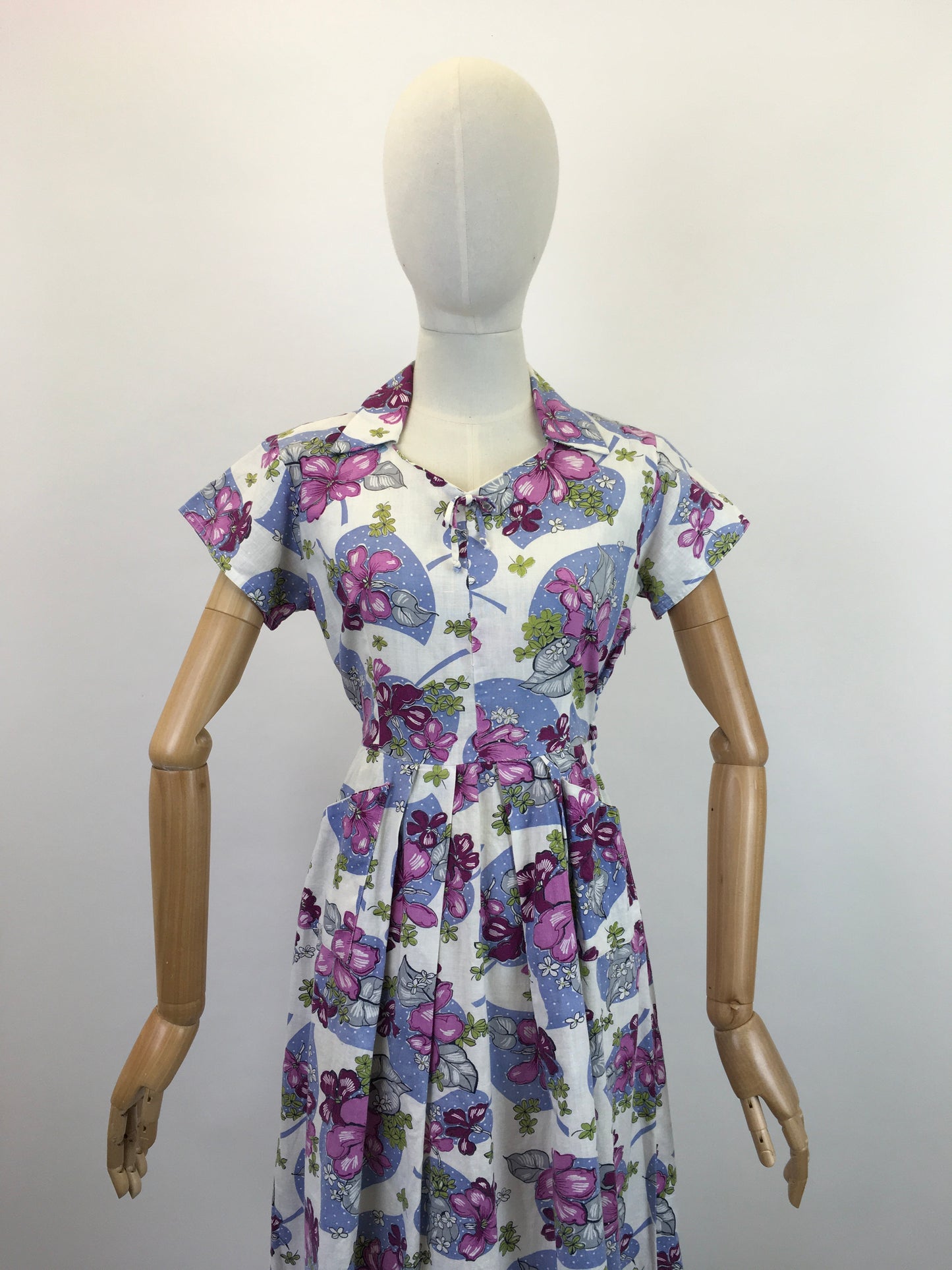 Original 1940's Lovely Cotton Day Dress - In Purple, Pink, Magenta and Green