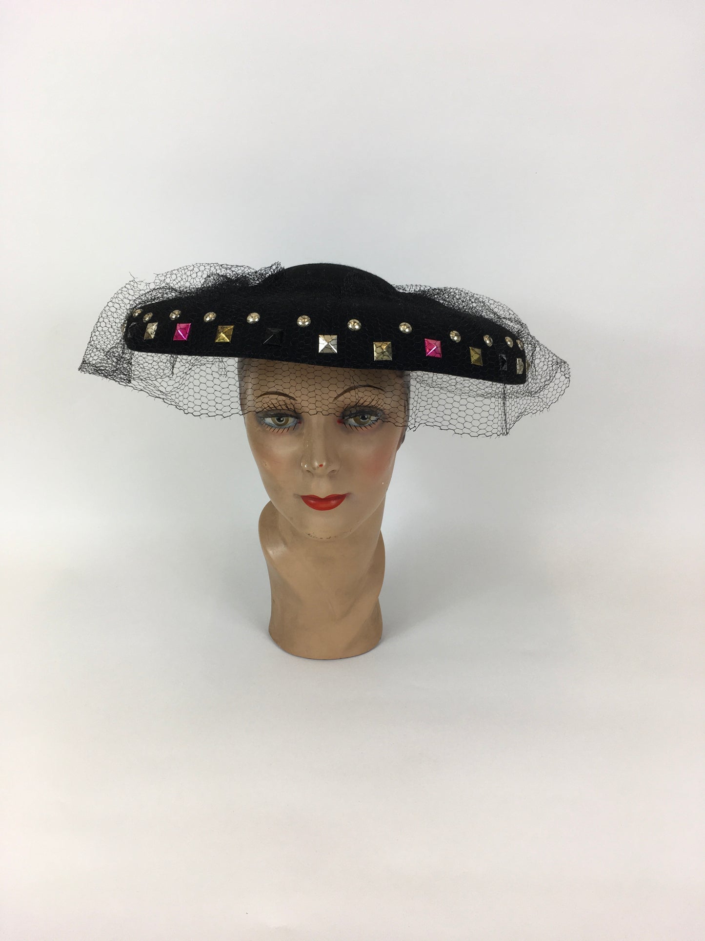 Original 1940’s SHOWSTOPPING Black Platter Hat - With Coloured Stud Work Detailing & Veiling