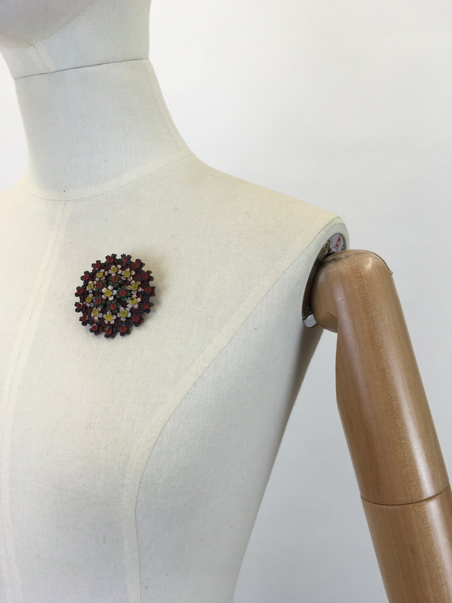 Original 1940's Exquisite Early Plastic Circular Brooch - In A Rainbow Floral Pallet