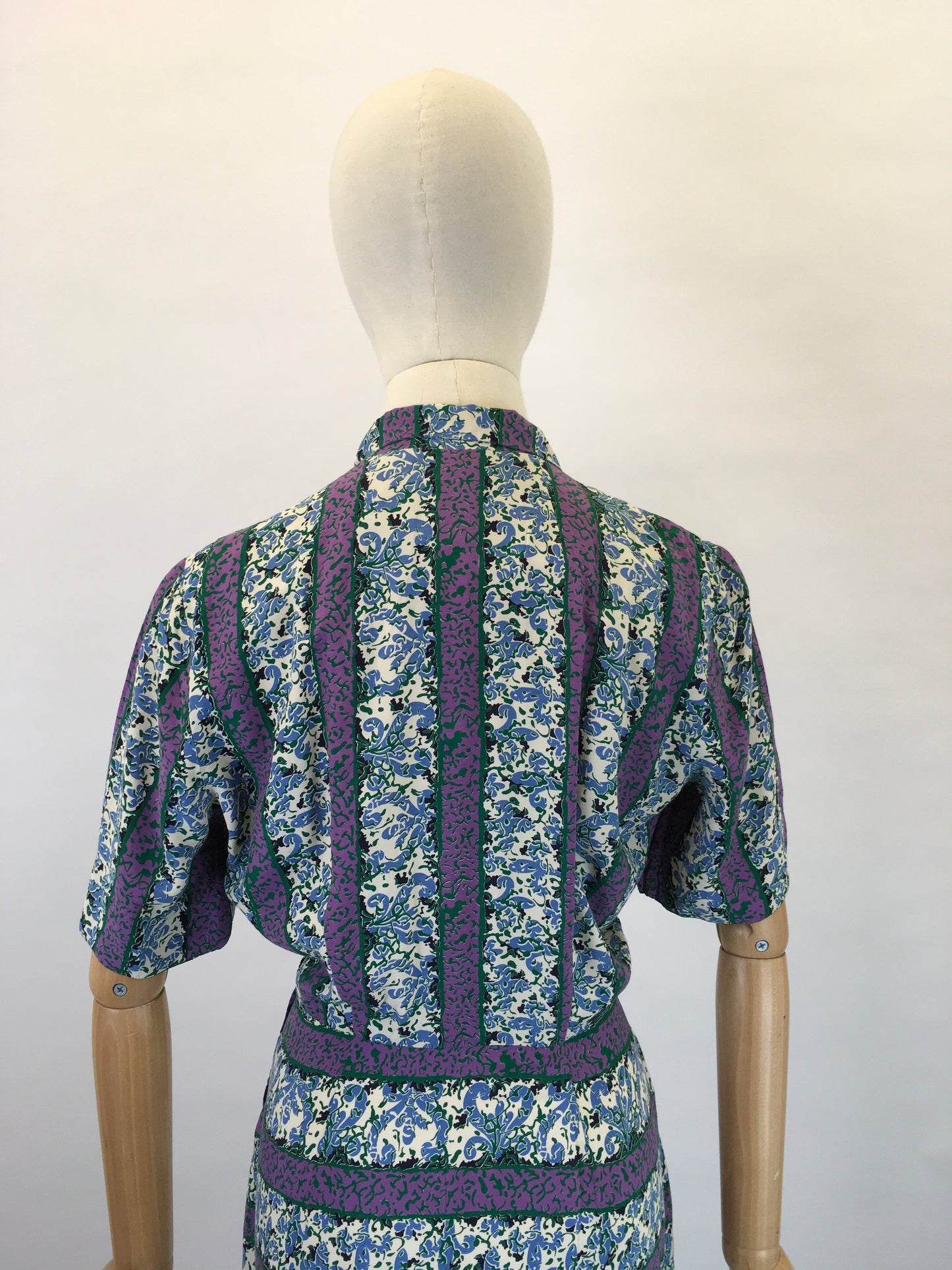 Original 1940s Rayon Dress - In Lovely Rich Purples, Greens and Whites with Florals and Stripes