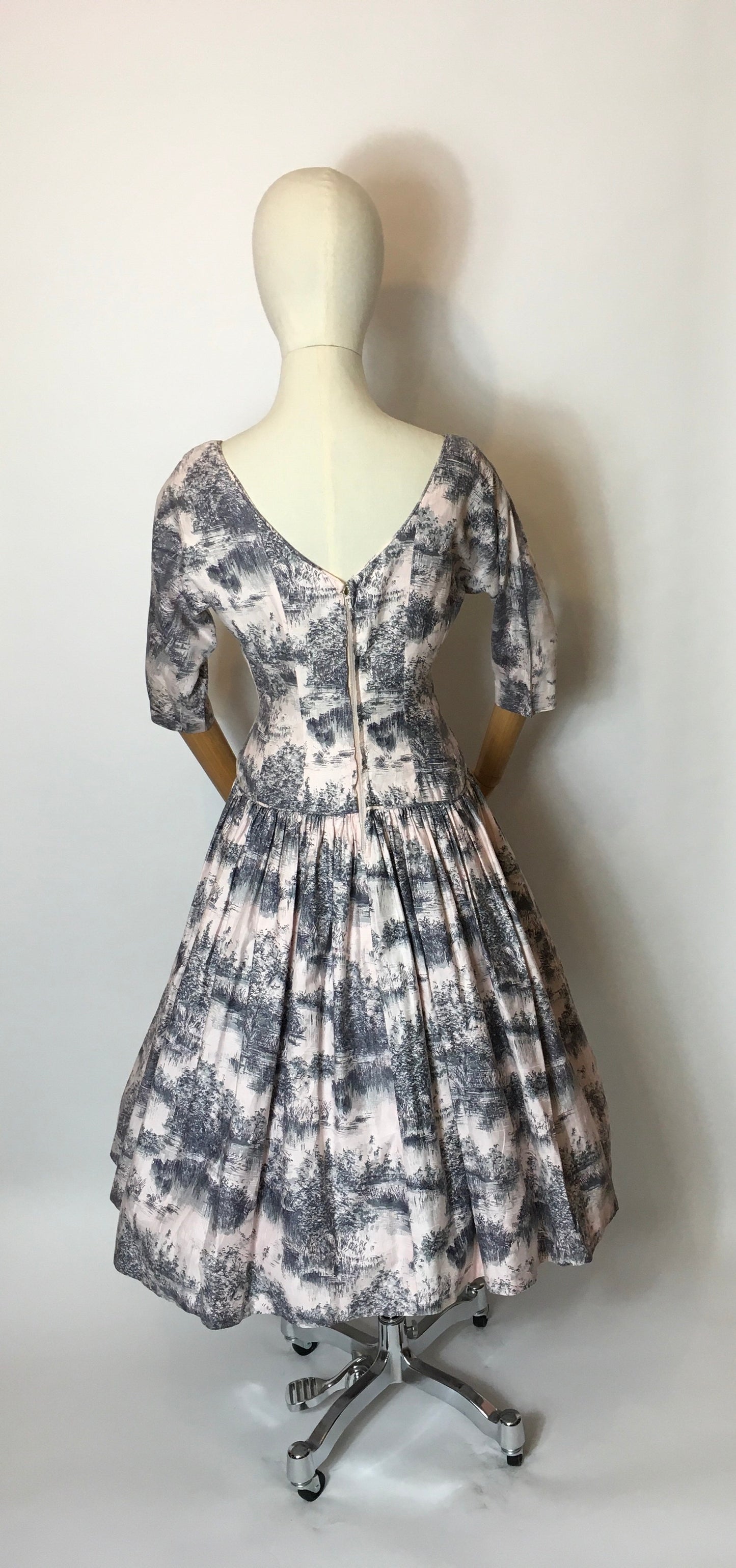 Original 1950s Darling Dress - In the Most Delicate Powder Pink with Charcoal Stencil Overlay Print