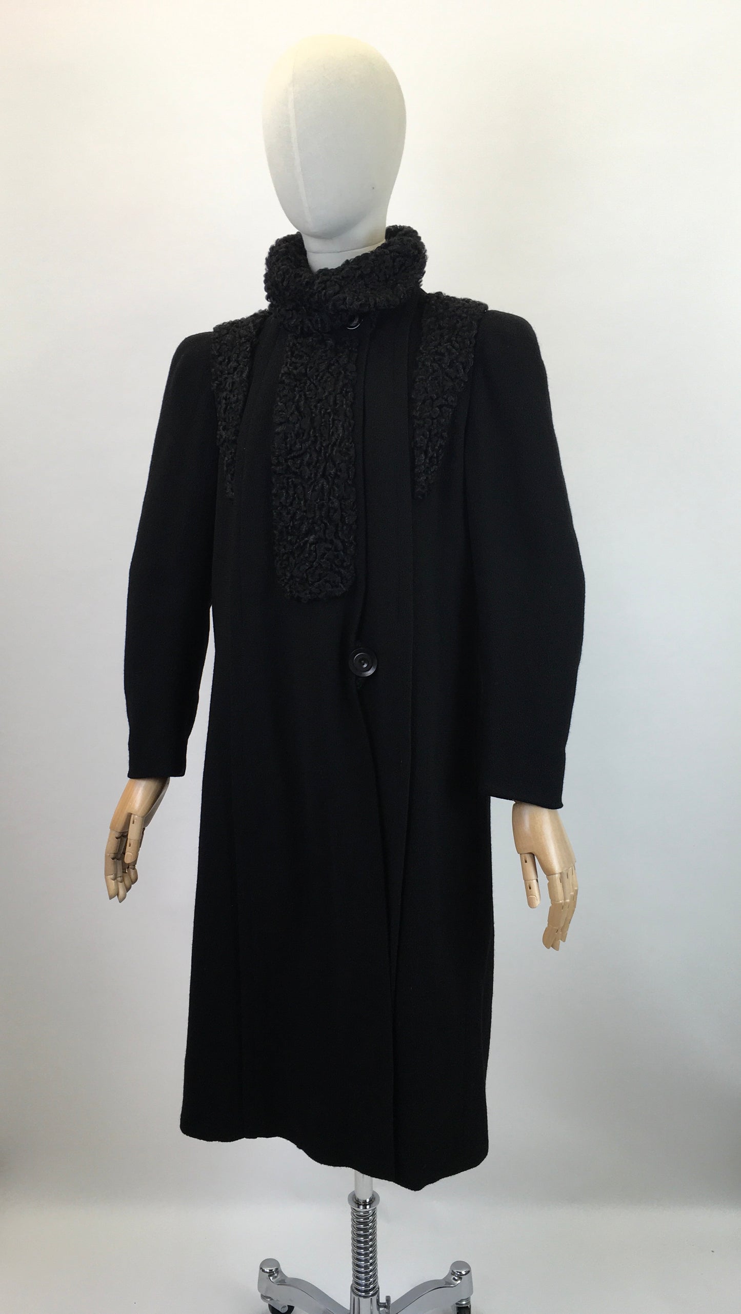 Original 1930's Sensational Black Coat - With Stunning Astrakhan Collar & Yokes