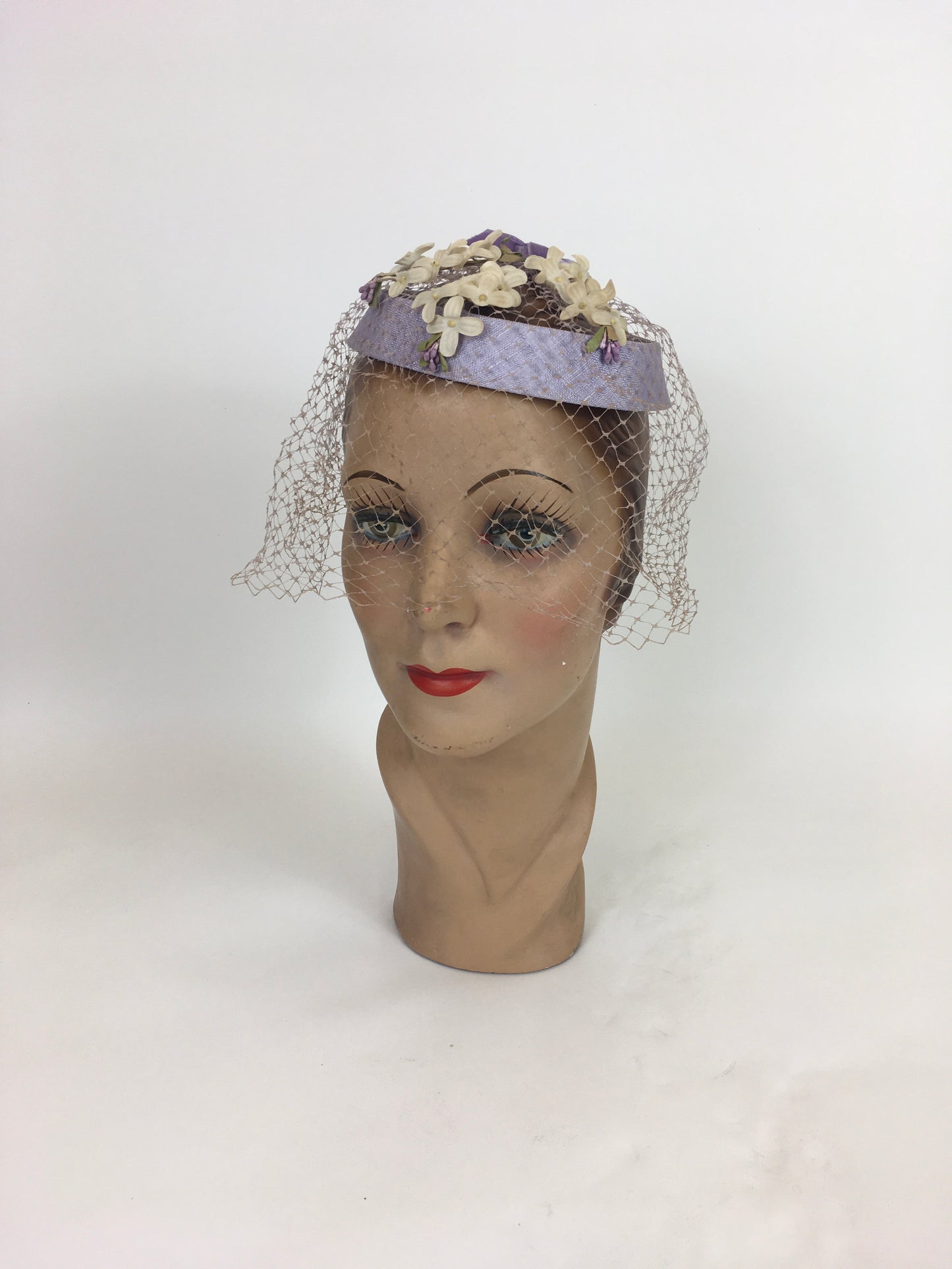 Original 1950’s Soft Lilac Headpiece - With Delicate Ivory Floral Millinery and Powdered Veiling