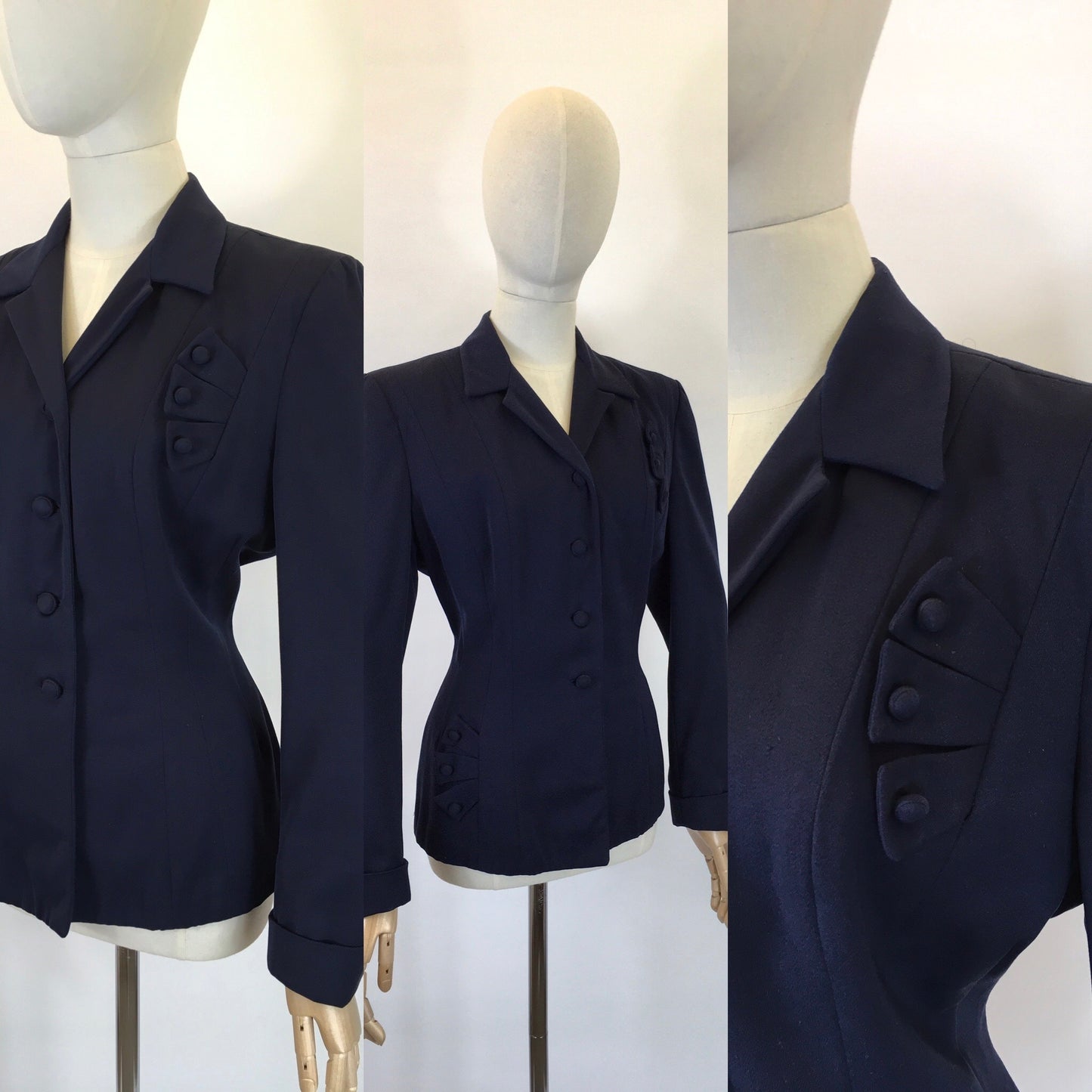Original 1940’s Navy Gabardine Jacket - With Beautiful Shaped Adornments with Matching Buttons
