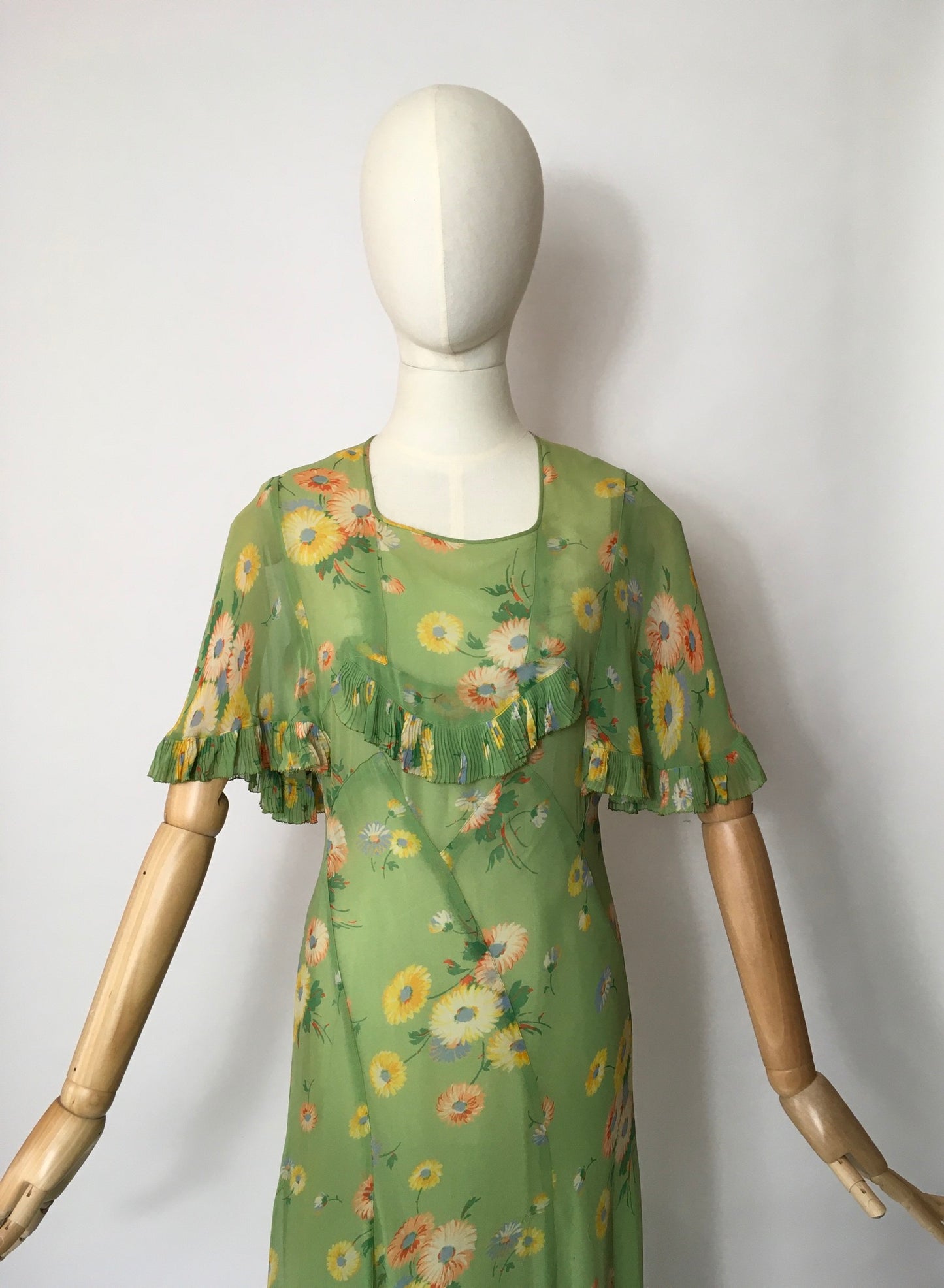 Original 1930’s Bias Cut Gown In An Exquisite Colour Pallet of Deco Green, soft blues, oranges and yellows - A Festival Of Vintage Fashion Show Exclusive