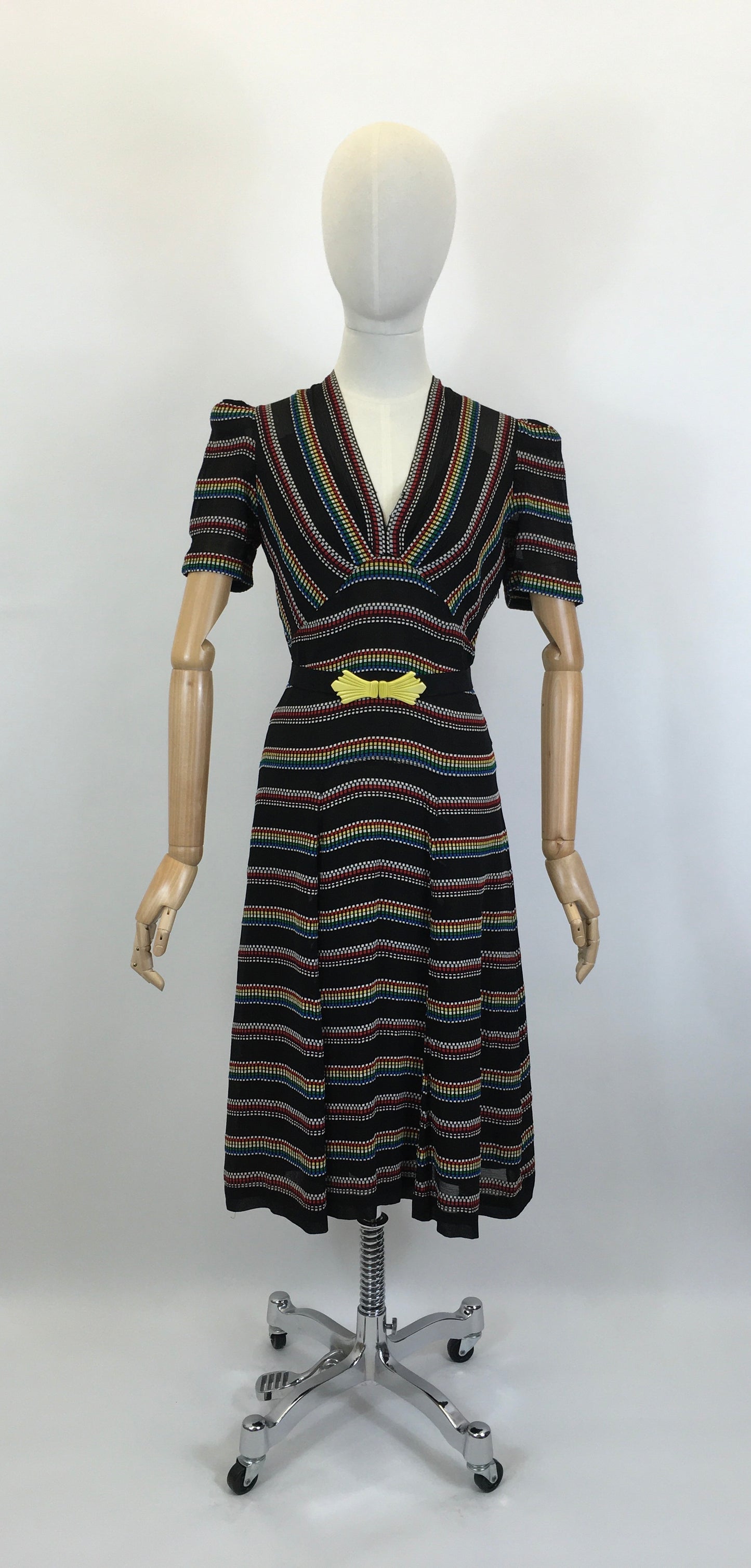Original 1930’s Stunning Dress in a Sheer Crepe - With A Multicoloured Embroidered Weave