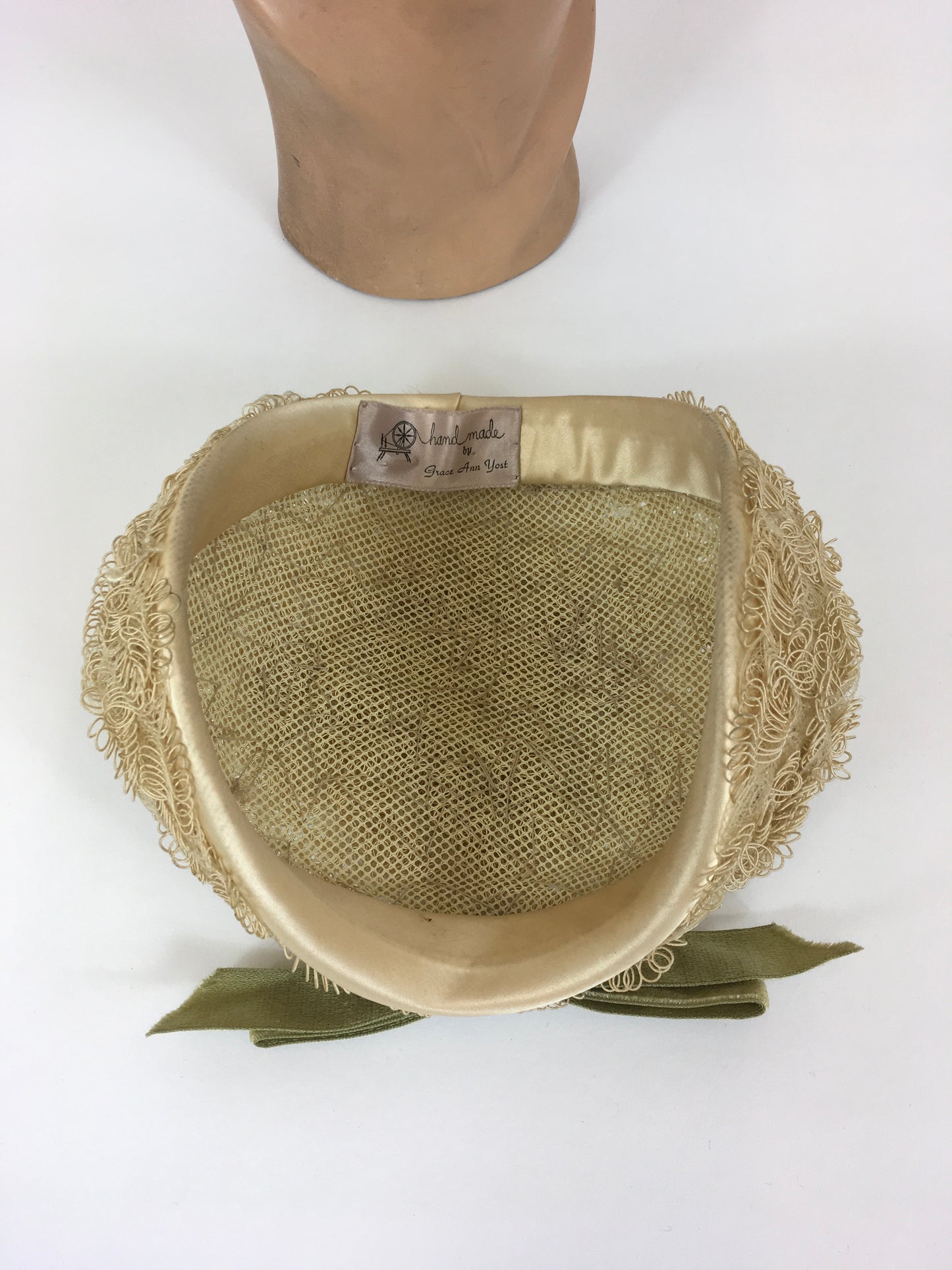 Original 1950’s Darling Headpiece - In A Soft Straw Colour with Contrast Rich Green Velvet Bow Detailing