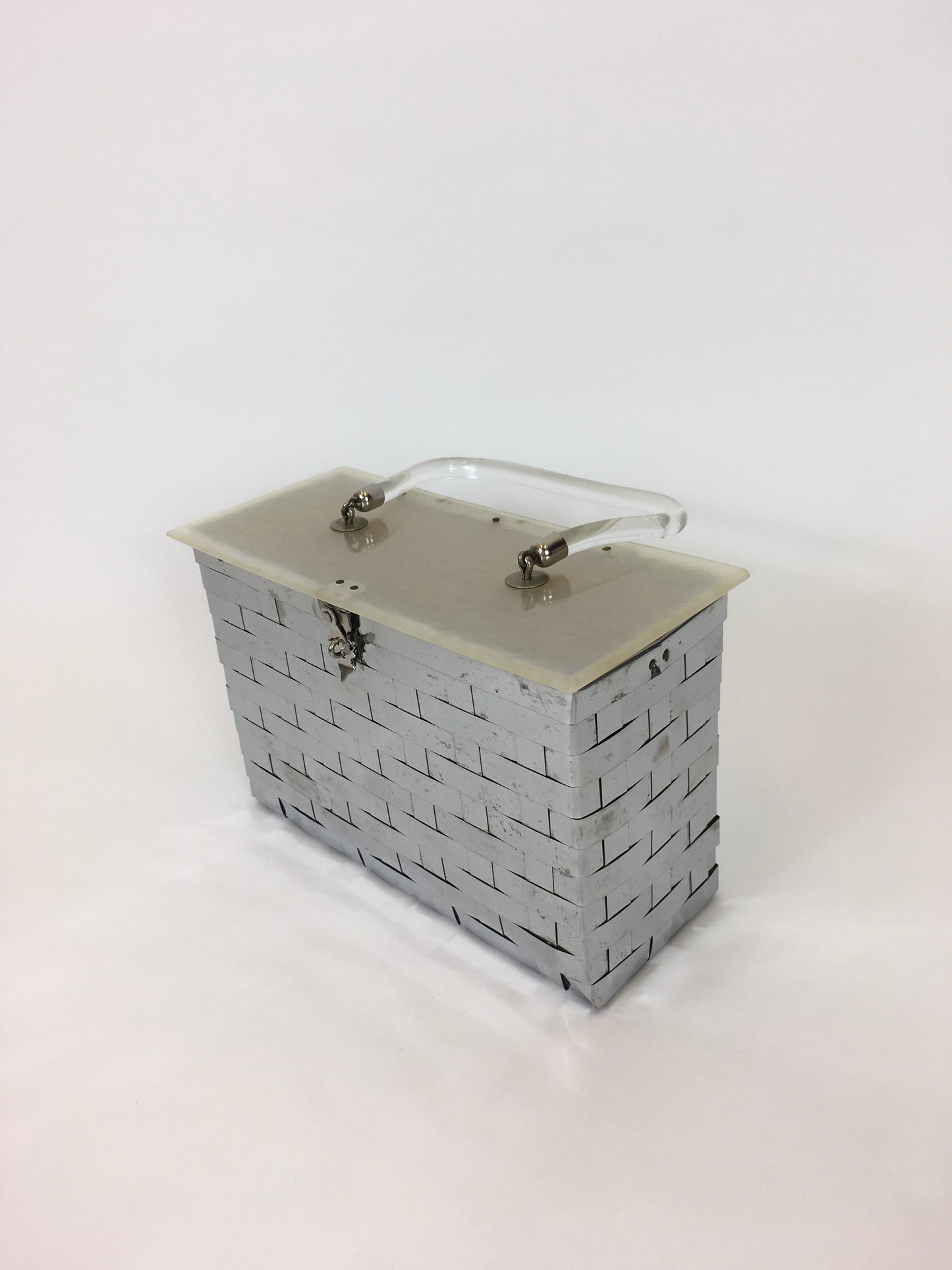 Original 1950’s Metal Lattice Work Box Bag - With Lucite Lid and Handle