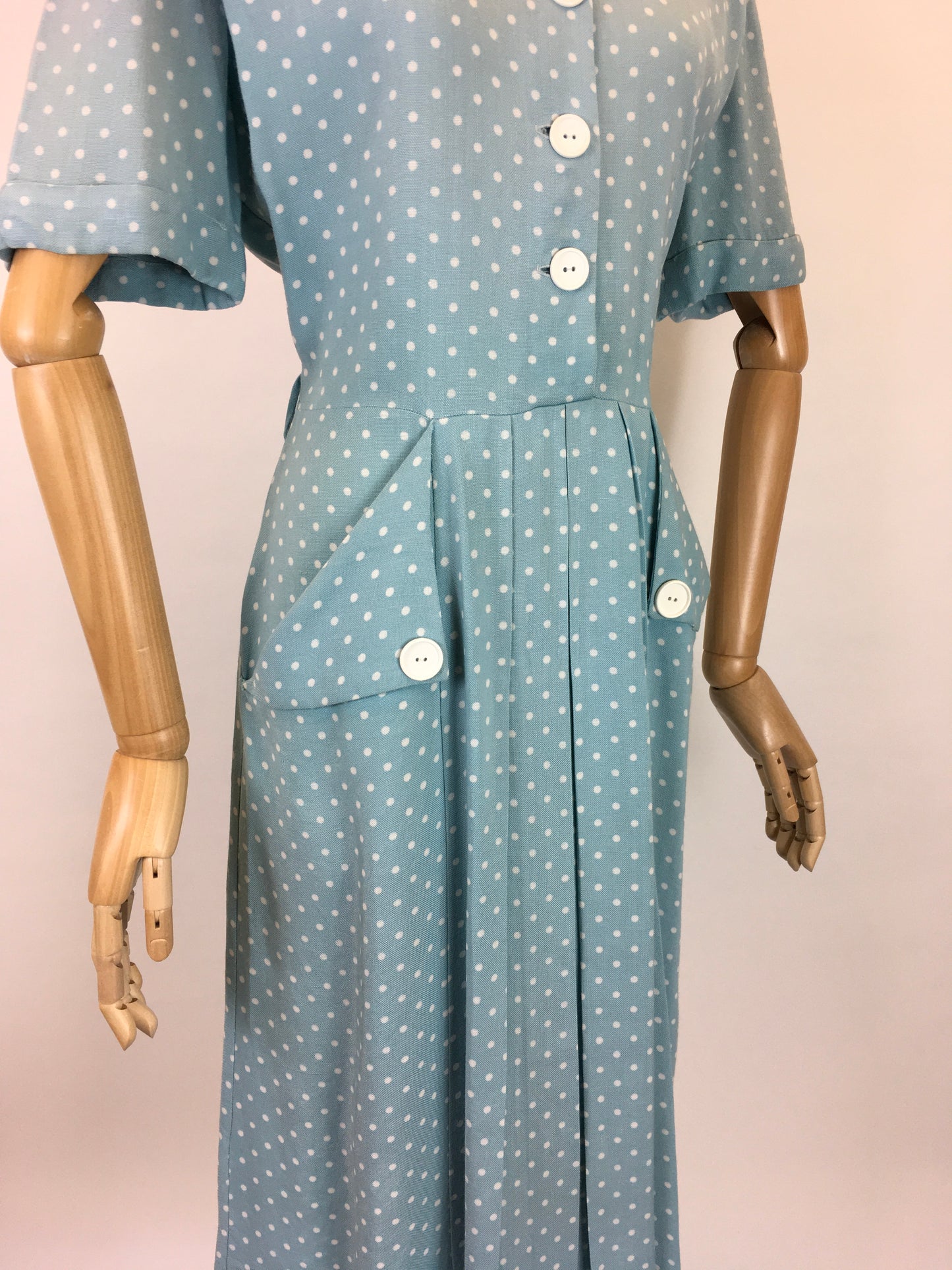 Original 1940’s STUNNING Day Dress - In A Soft Duck Egg Polka Dot Moygoshal Linen