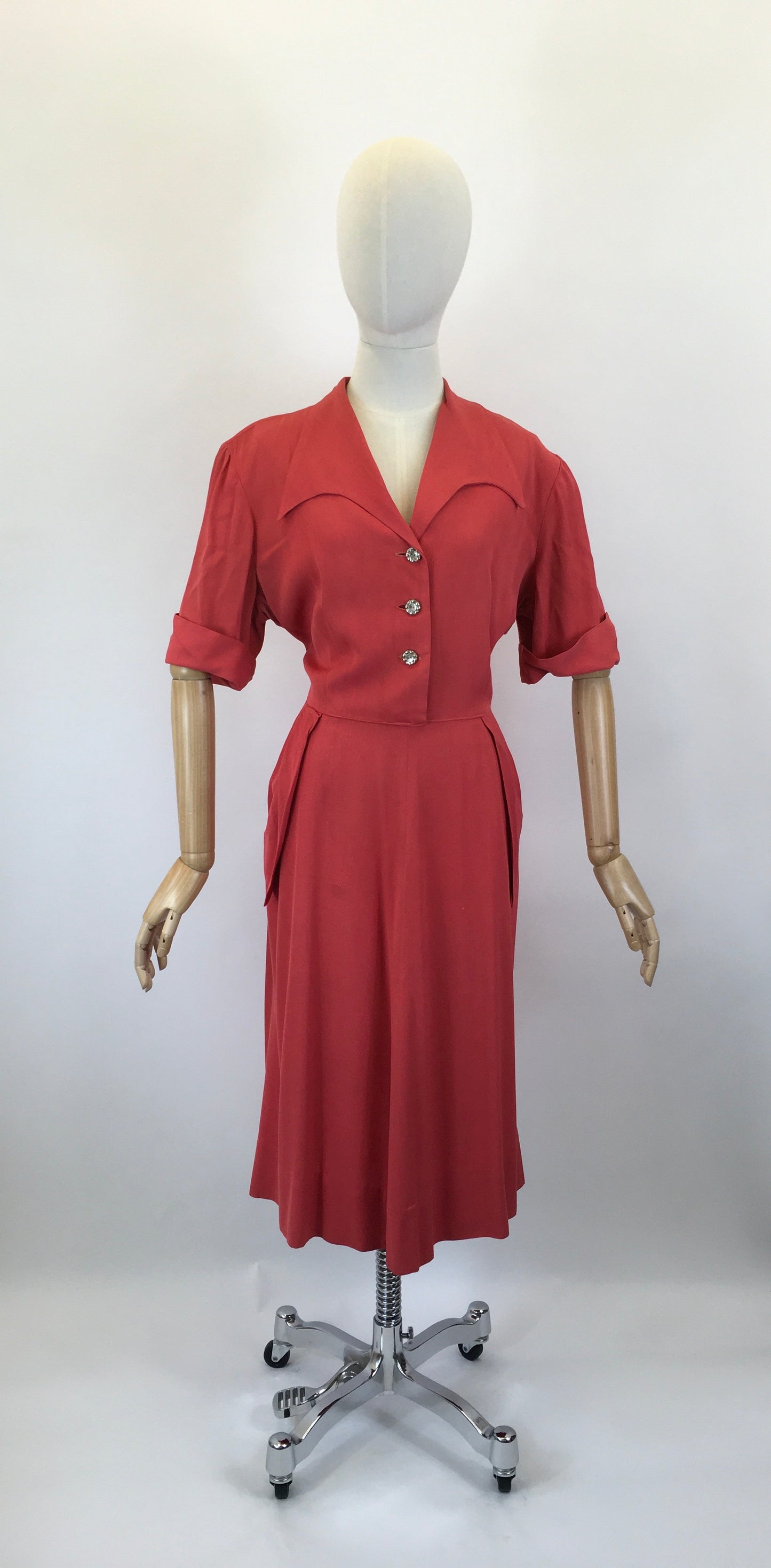 Original 1940’s Gaberdine Day Dress - In A Bright Lipstick Coral Colour