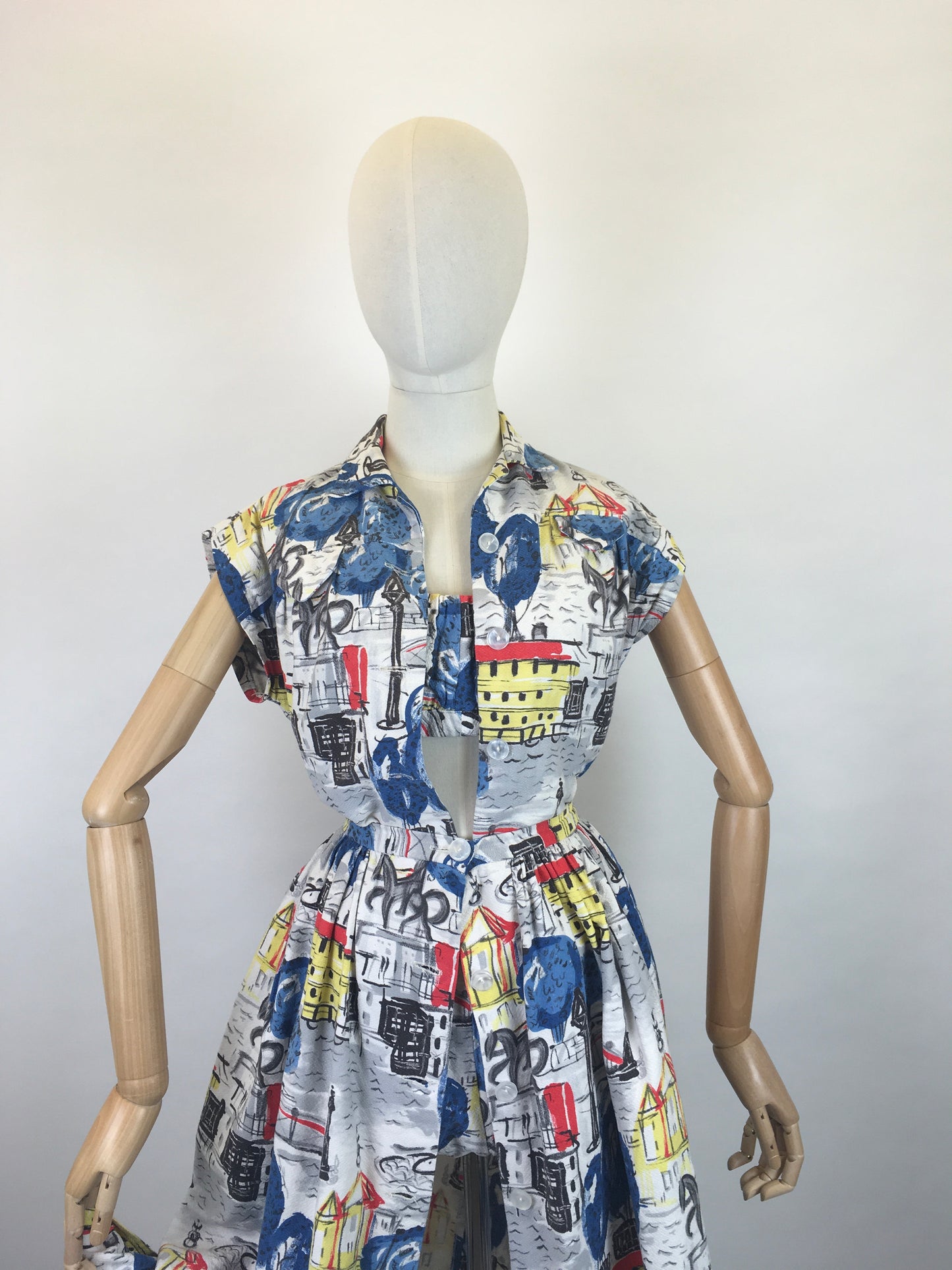 Original 1950s 4 pc Sun Set In Novelty Print Barkcloth - Sun Top, Blouse, Bloomer Shorts and Skirt