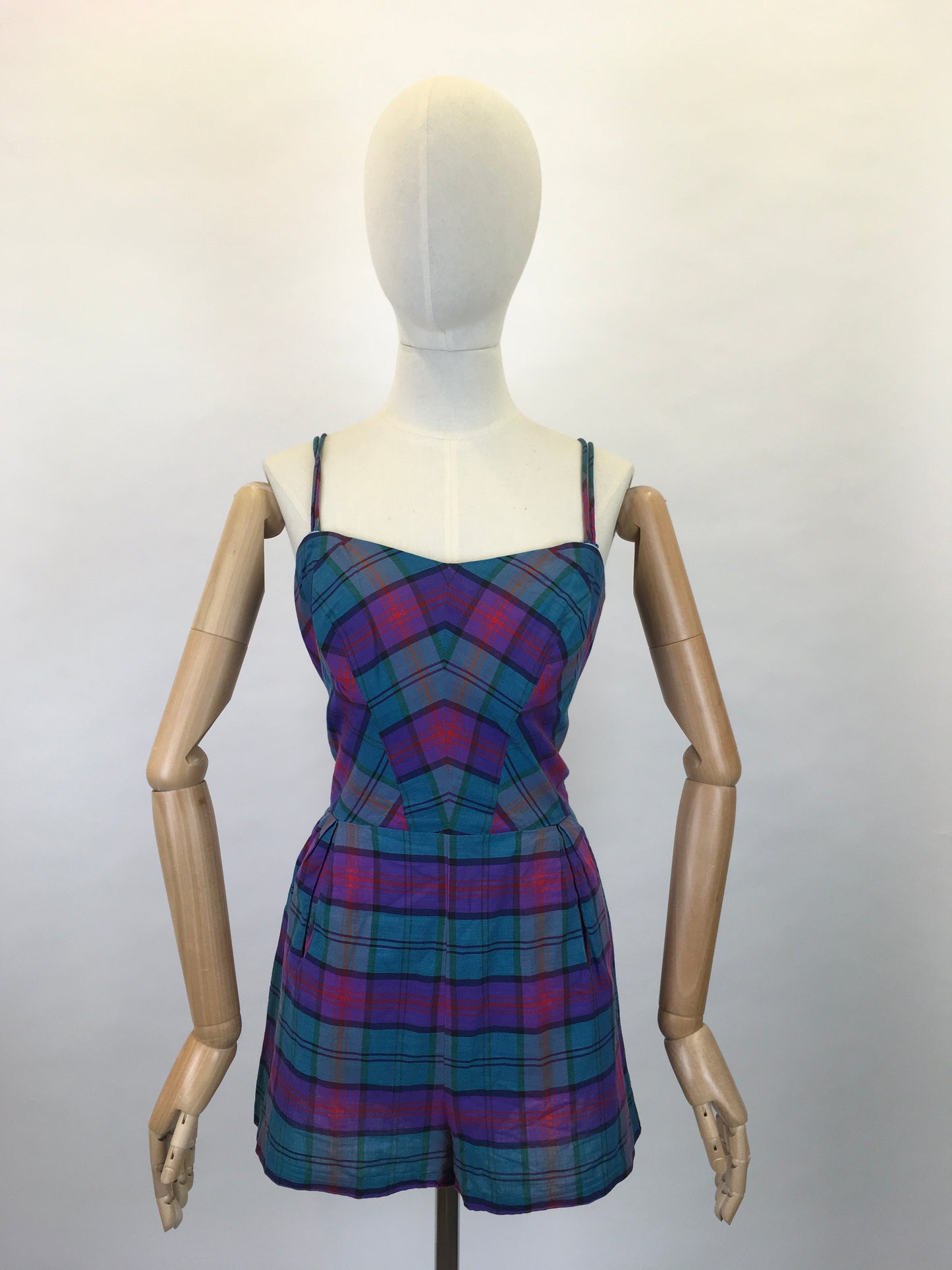 Original 1950s Fabulous Summer Playsuit - In a Gorgeous Plaid With Rich Purple, Reds, Blues and Bottle Greens