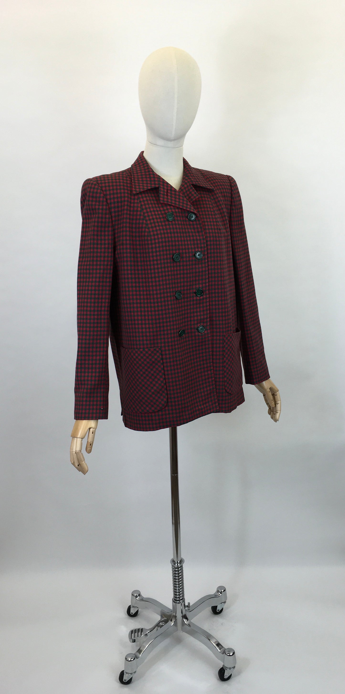 Original 1940’s American Double Breasted Jacket - In A Lovely Red & Green Check Suiting Cloth