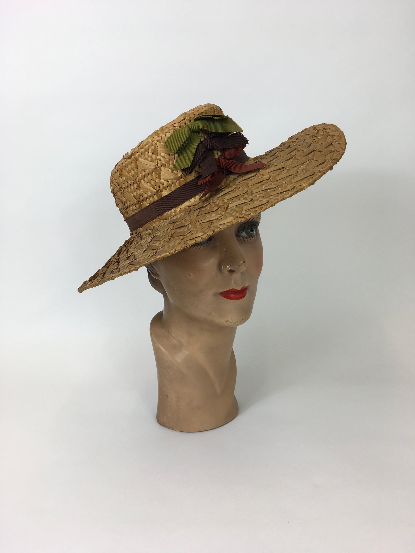 Original 1940’s Straw Hat With Grosgrain Ribbon - In Warm Browns, Grassy Greens and Maroons