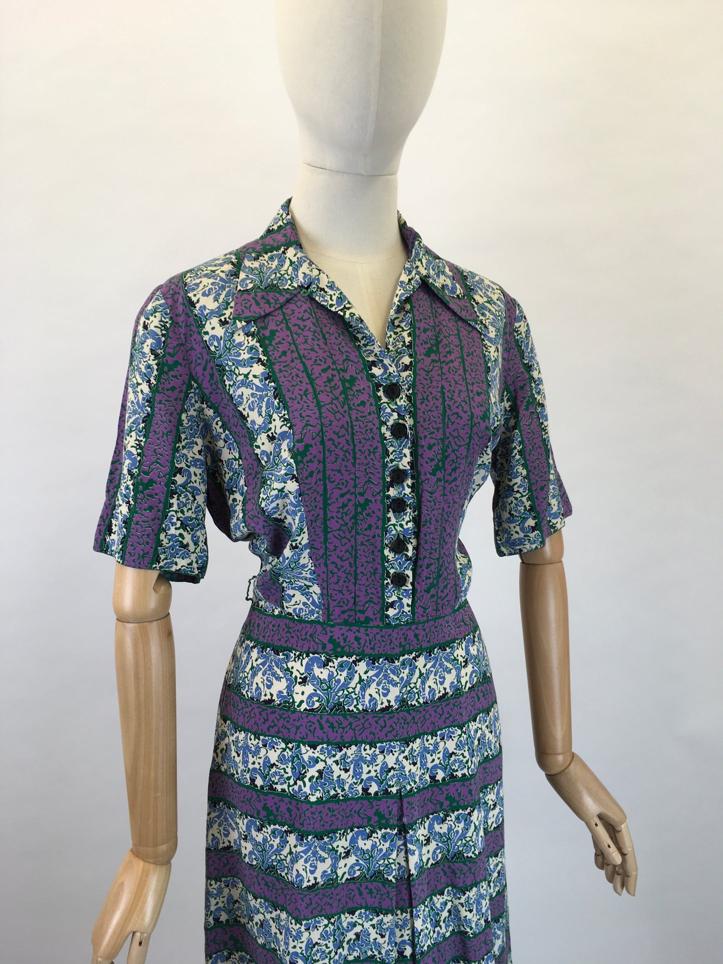 Original 1940s Rayon Dress - In Lovely Rich Purples, Greens and Whites with Florals and Stripes