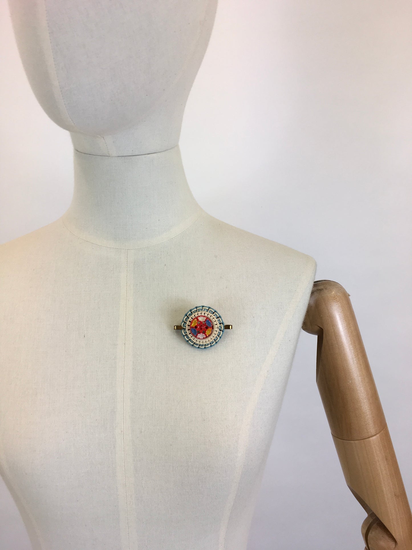 Original 1940’s Make Do and Mend Telephone Cord Brooch - In A Soft Blue & Cream with Red Floral Button