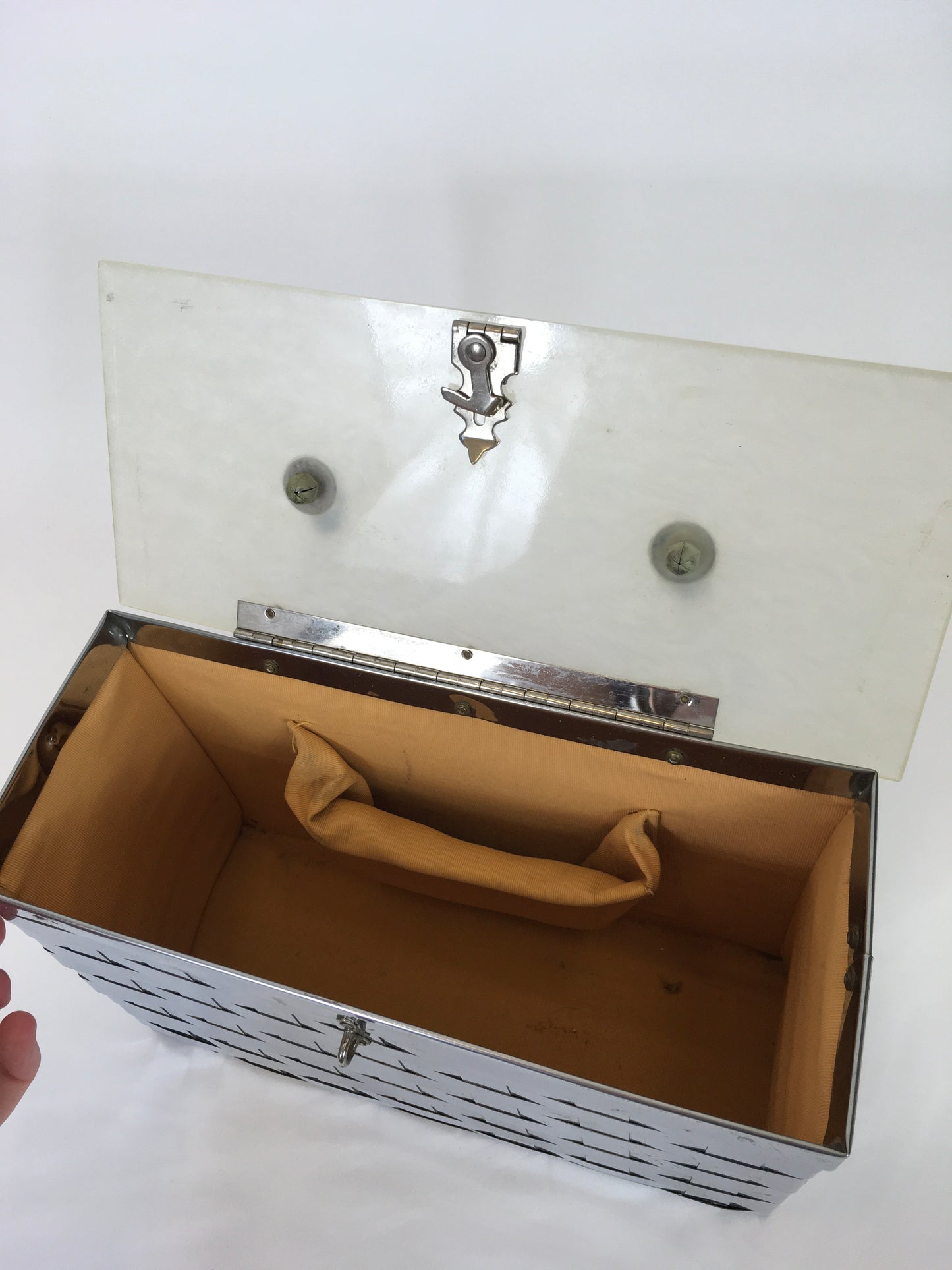 Original 1950’s Metal Lattice Work Box Bag - With Lucite Lid and Handle