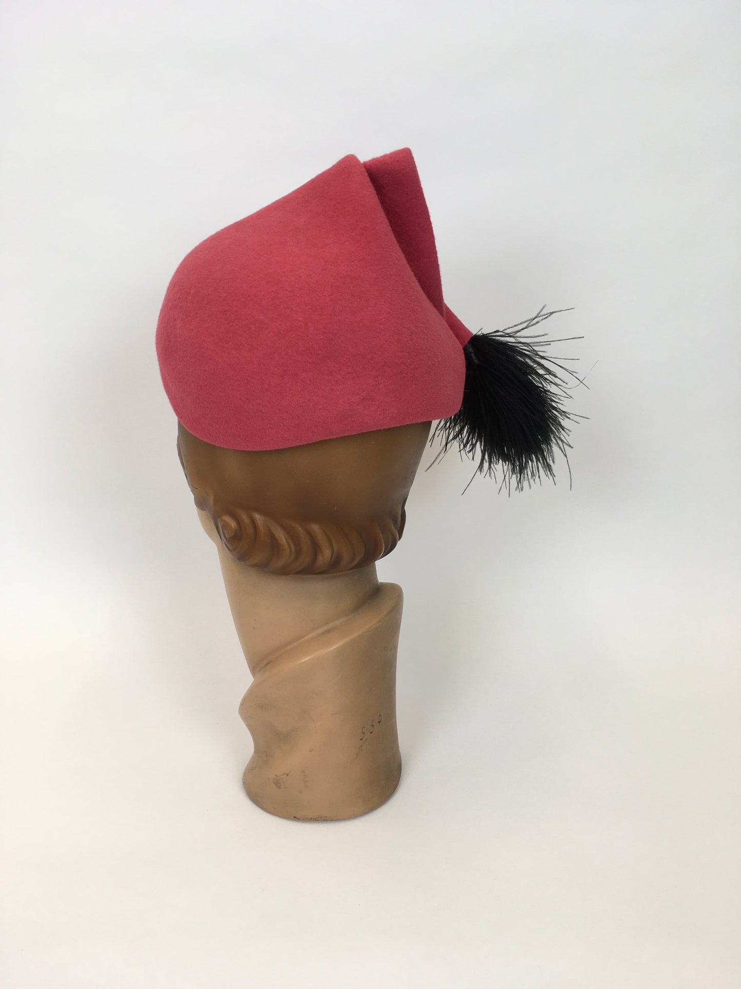 Original 1930’s AMAZING Raspberry Pink Pixie Hat - With a Fabulous Ostrich Feather Plume In Black