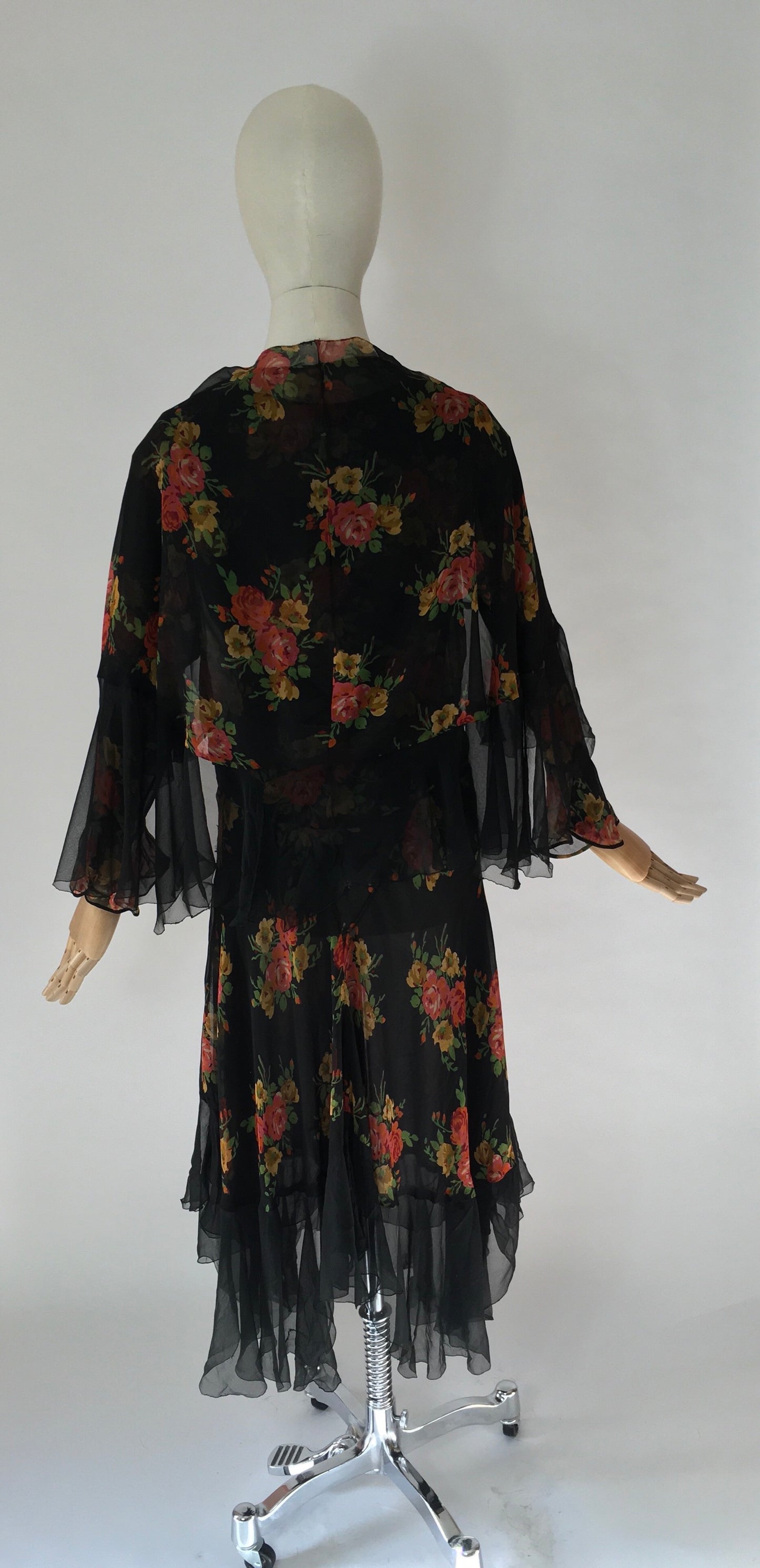 Original 1930’s SENSATIONAL 3pc Set in A Floral Chiffon - Dress, Jacket & Caplet Set