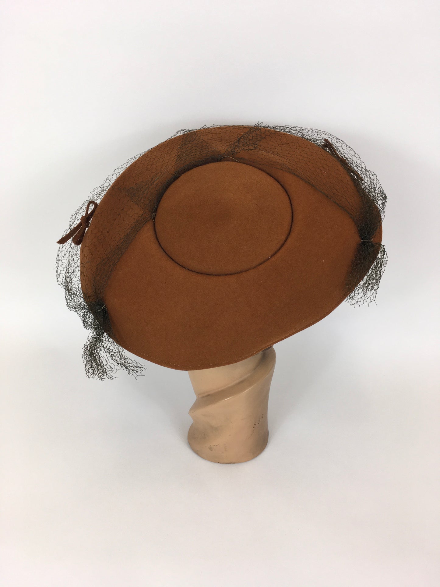 Original SENSATIONAL 1940’s Cinnamon Platter Hat - With Bow and Veiling Detailing