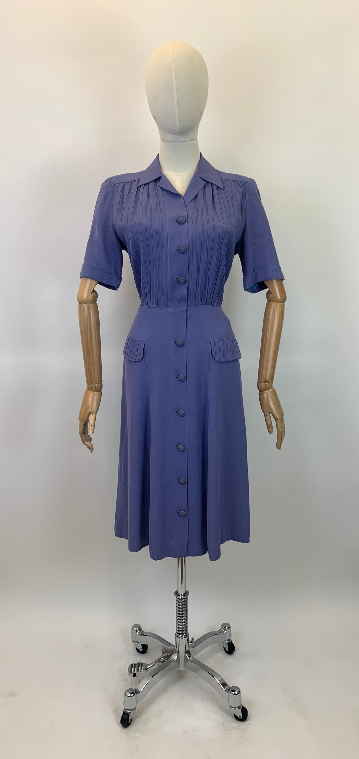 Original 1940's Darling Day Dress - With Delightful Pleatwork in Periwinkle