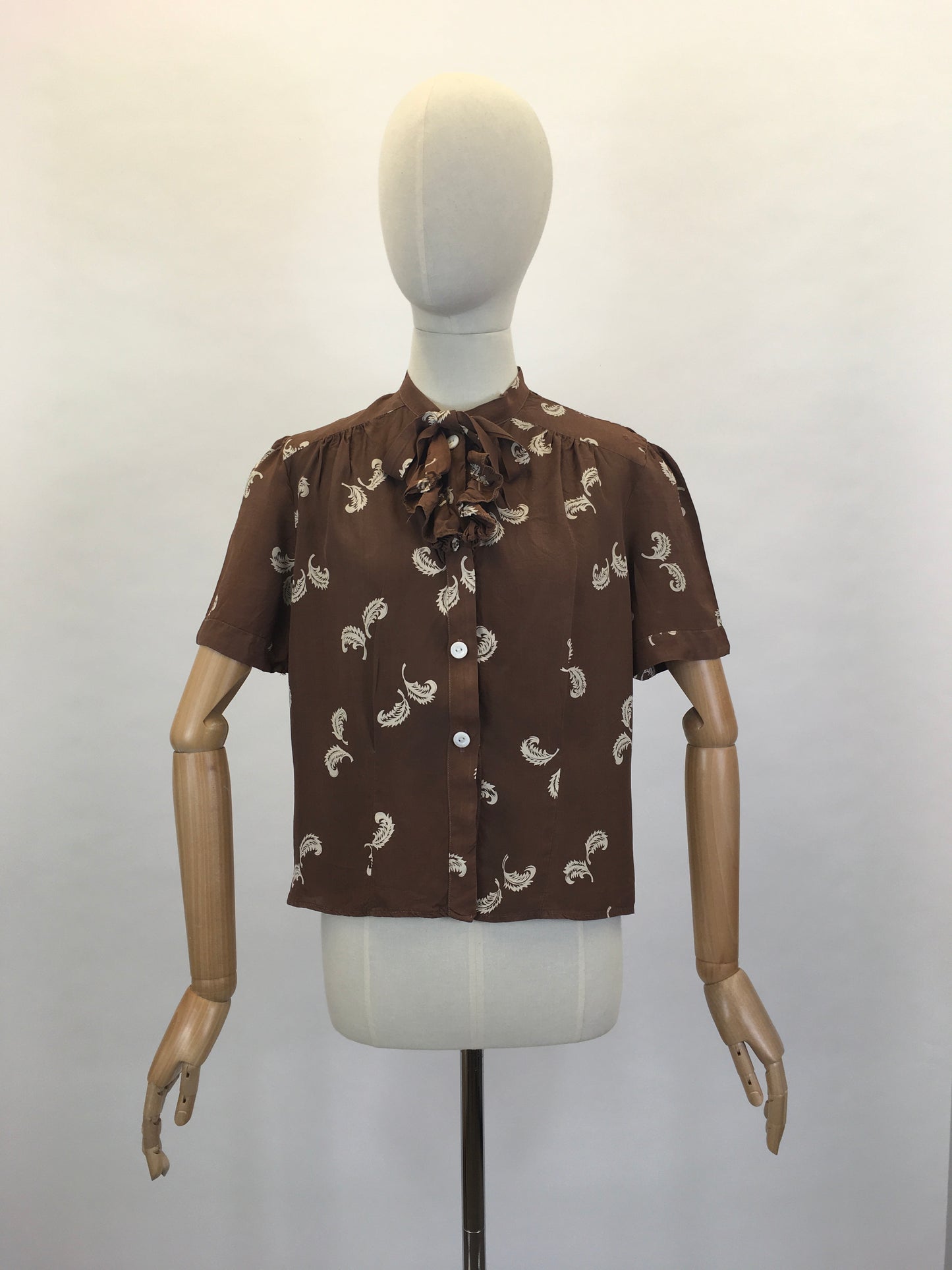 Original 1940’s AS IS Beautiful Rayon Blouse - In a Lovely Brown And White Feather Print