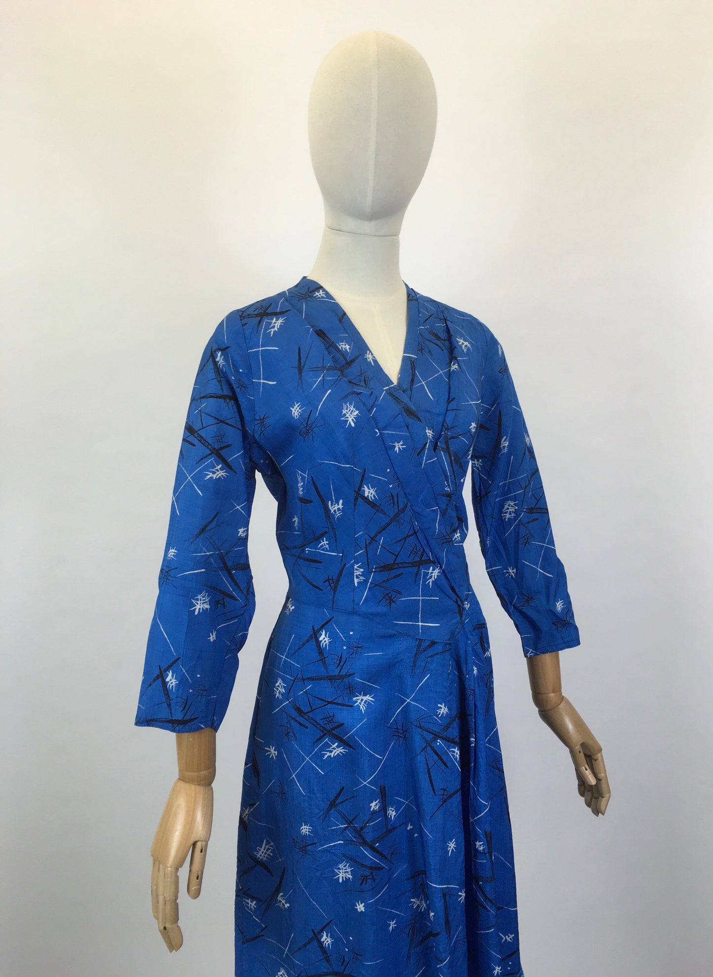 Original 1950’s Fabulous Blue Frock - In An Abstract Print Silk Sateen