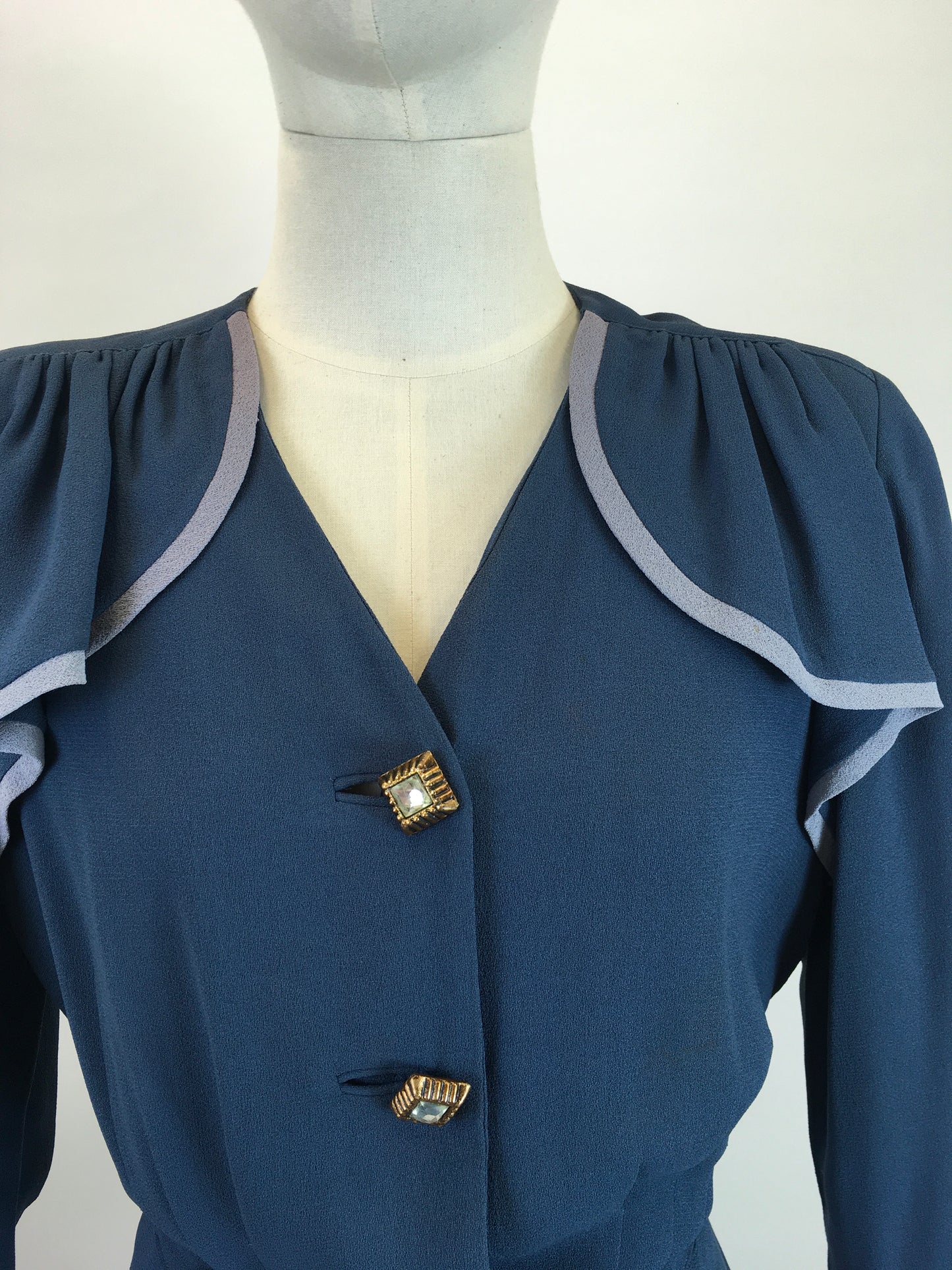 Original 1940's Sublime Two Tone Crepe Dress With Illusion Cape - In Contrast Airforce & Powder Blue
