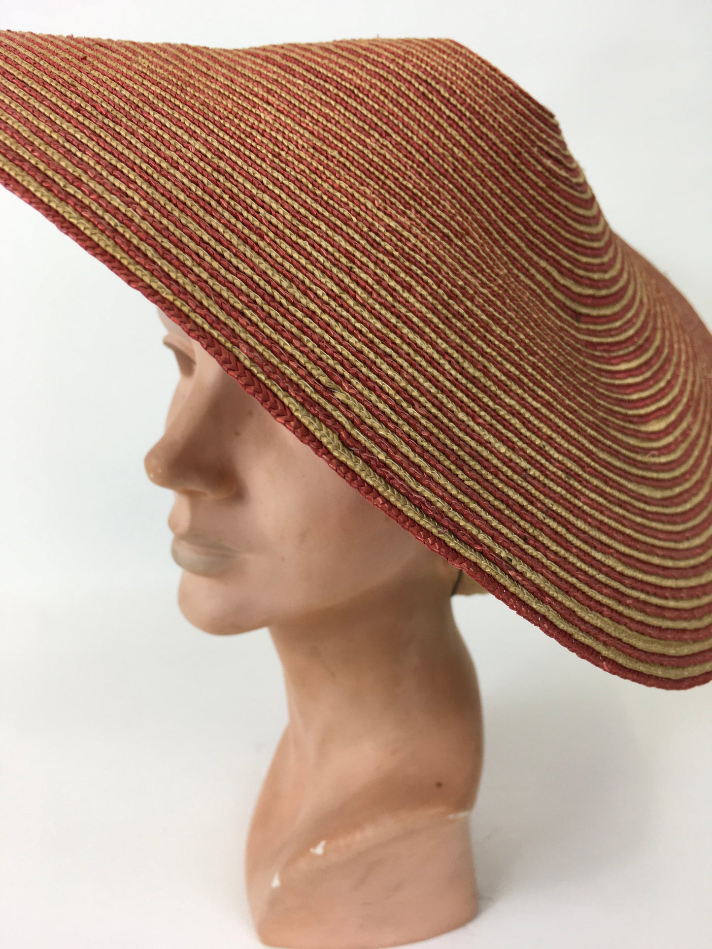 Original 1940’s Wide Straw Sun Hat - In A Beautiful Red & Natural Straw