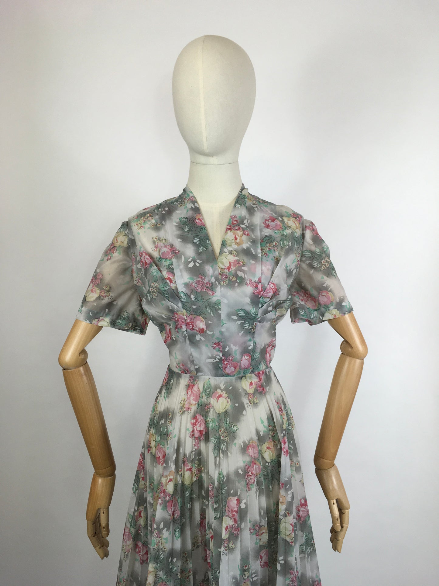 Original 1950s ‘ Eastex ‘ Floral Dress - In a Lovely Muted Colour Pallet of Soft Pinks, Muted Creams, Taupe and Greys