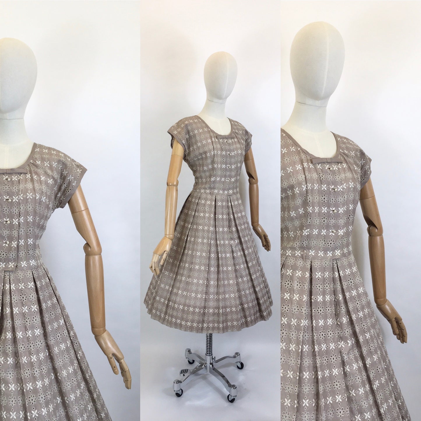 Original 1950’s Darling Broderie Anglaise Cotton Day Dress - In a Soft Fawn with White Accents