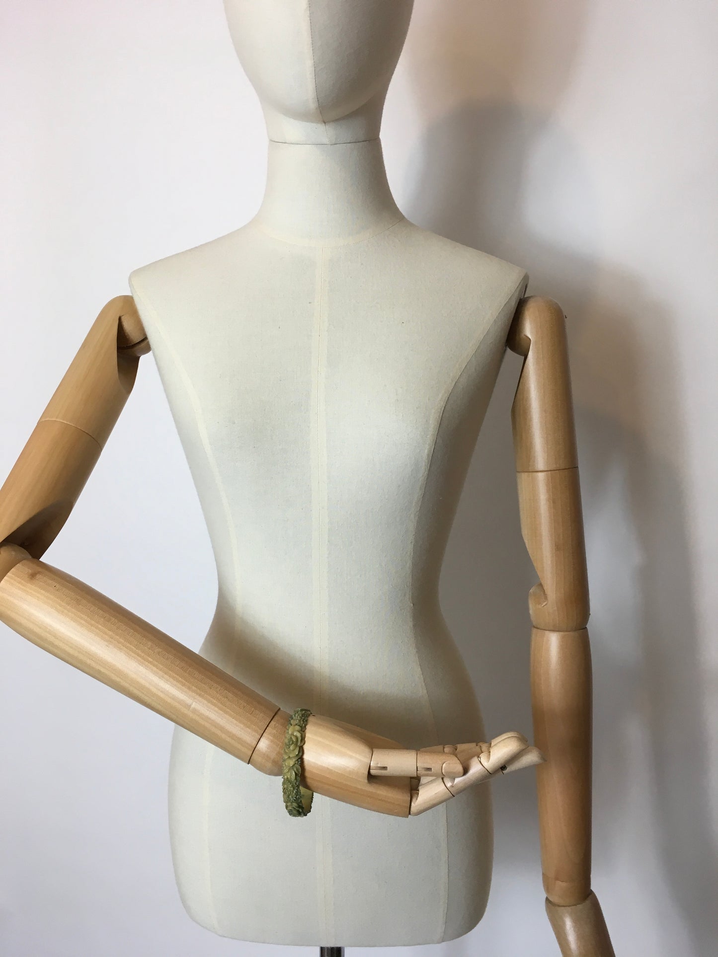 Original 1930’s Carved Floral Celluloid Bangle in Green / Cream - Festival of Vintage Fashion Show Exclusive