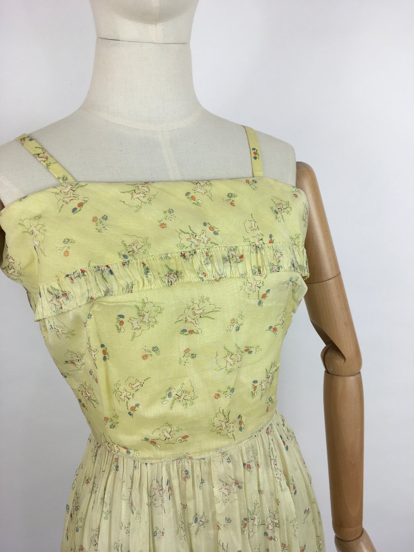 Original 1930s Sundress - In an Amazing Novelty Print Featuring Leaping Lambs and Toadstools On a Pale Lemon Cotton Lawn