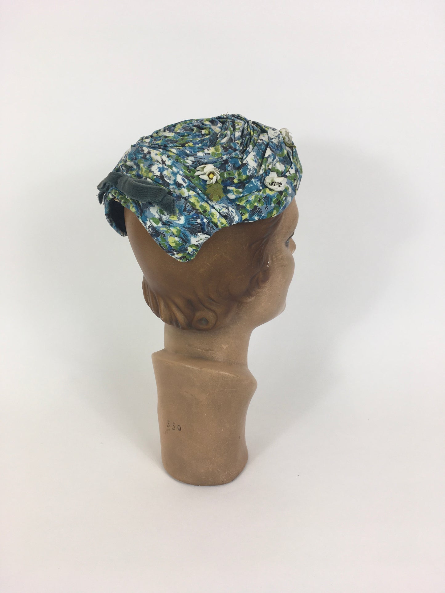 Original 1950’s Darling Floral Headpiece With Flora & Velvet Trim - In Blues, Greens & Ivory