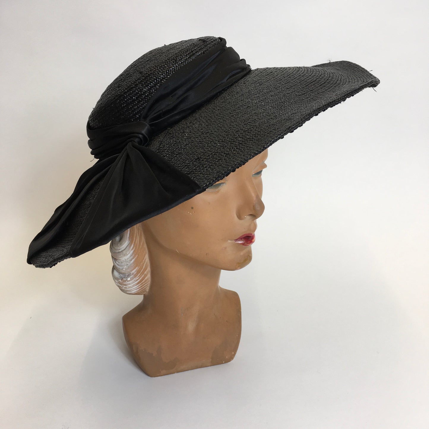 Original 1940’s Black Saucer Hat - ‘ Made In France ‘ With Black Satin Bow Ribboning