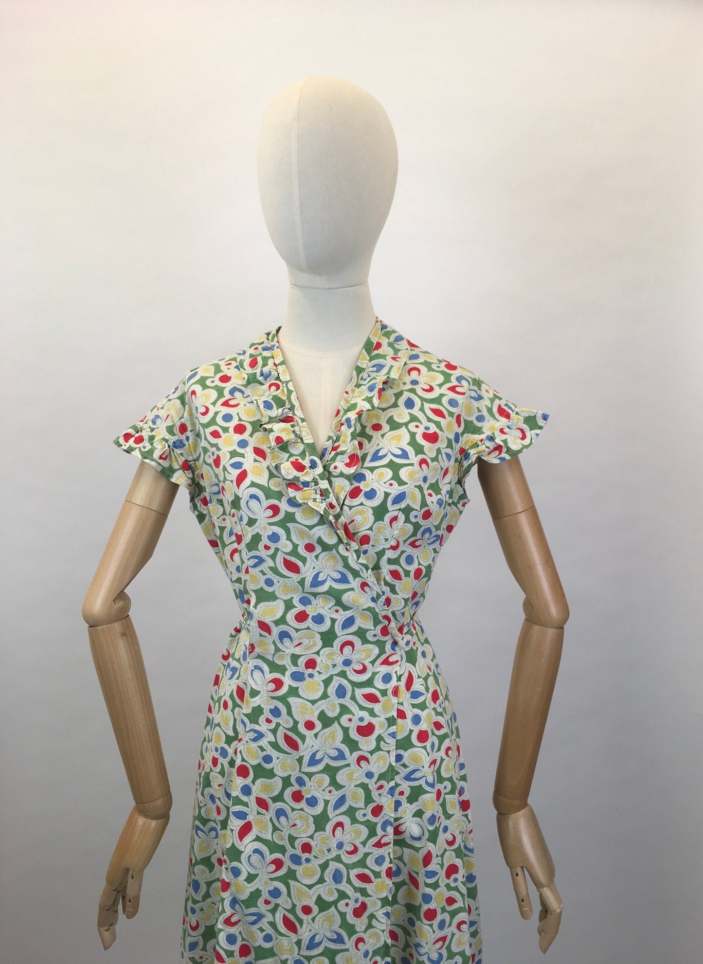 Original Late 1930s Early 1940’s Wrap Dress - In A Beautiful Colour Palette of Deco Green, Yellow, Red and Blue