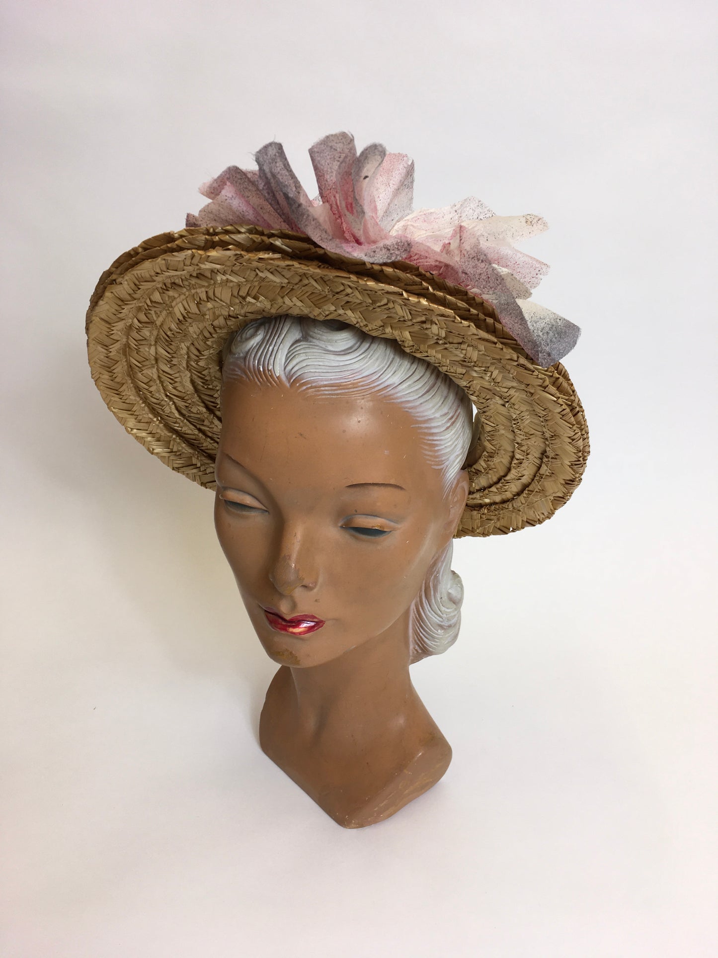 Original 1940’s Summer Open Crown Straw Hat - With Original Floral Adornment