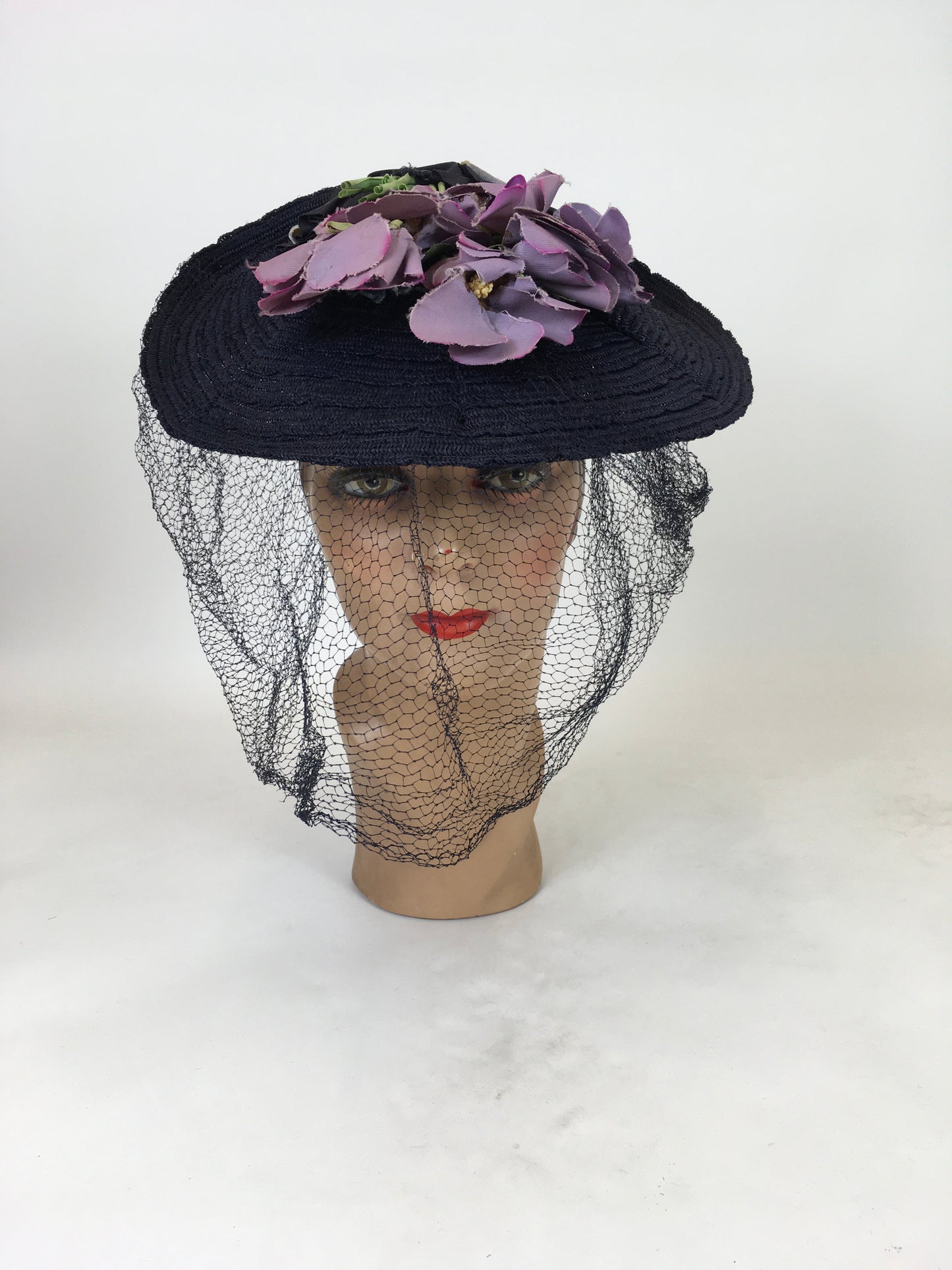 Original 1940's Sensational Navy Straw Tilt Hat - Adorned With Purple Millinery Blooms